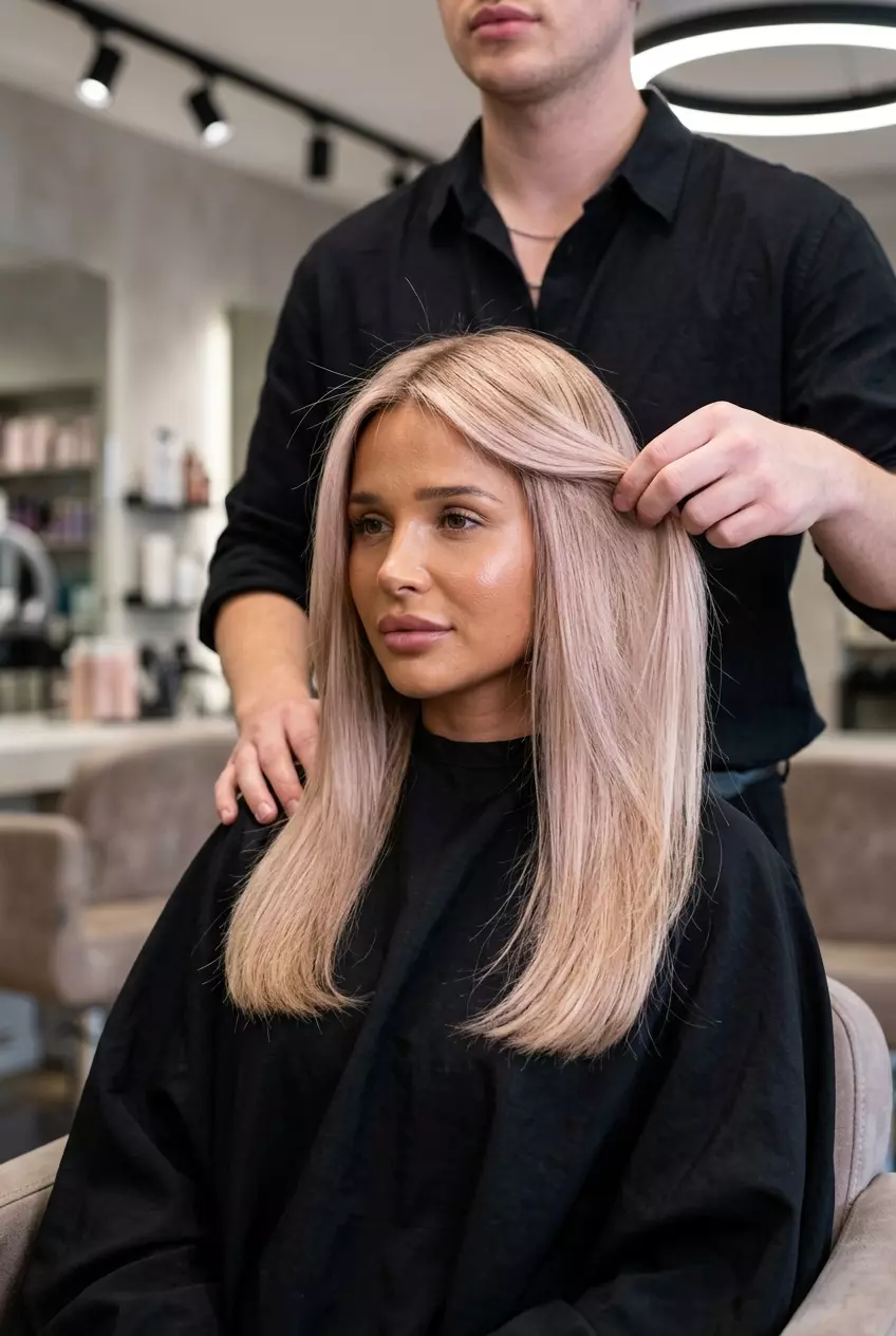 long sleek bob haircut with champagne pop blonde, seamless blend, sophisticated