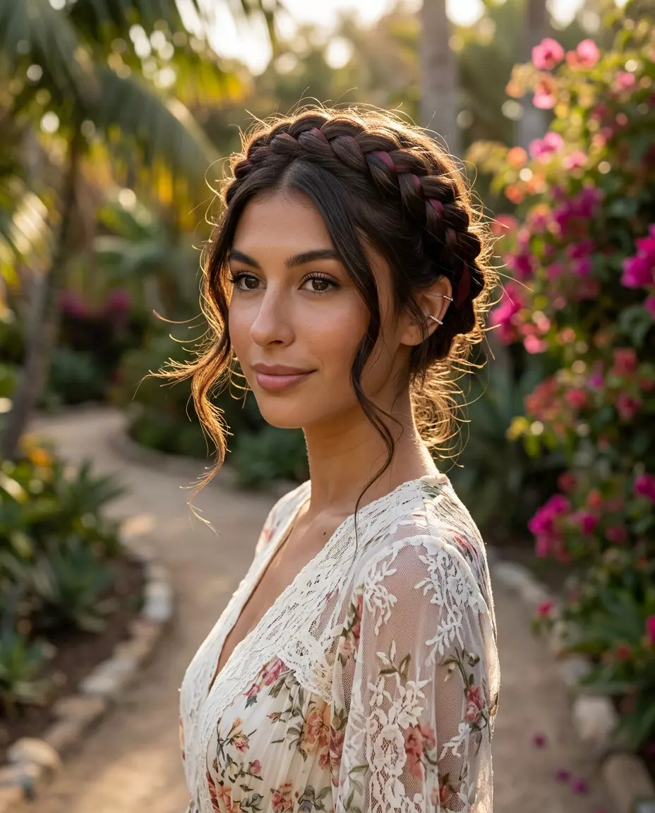 medium braided crown with cherry cola brunette, loosened braids and face-framing tendrils for boho romance