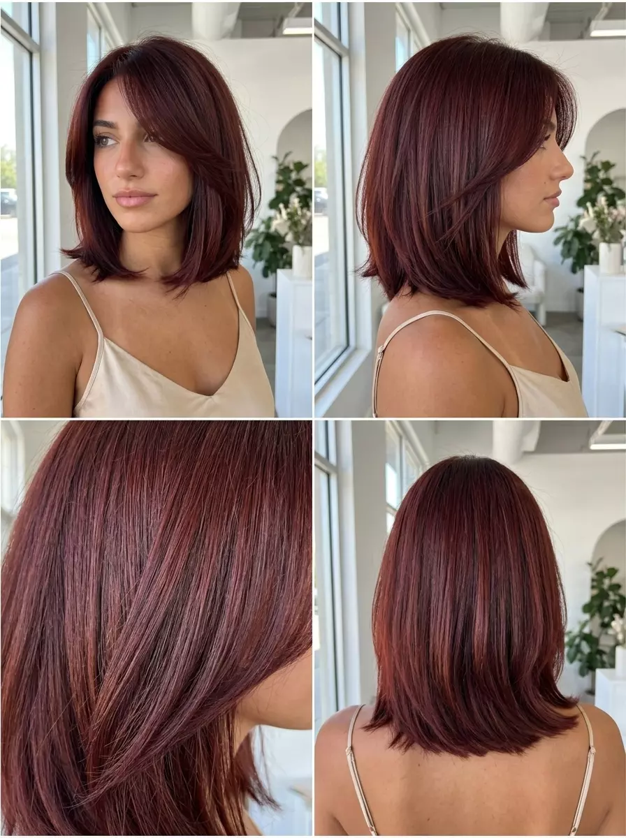 Cherry Cola Textured Bob 2026 collarbone-length layered bob with deep cherry cola red and violet undertones, sweeping side fringe — bold evening event