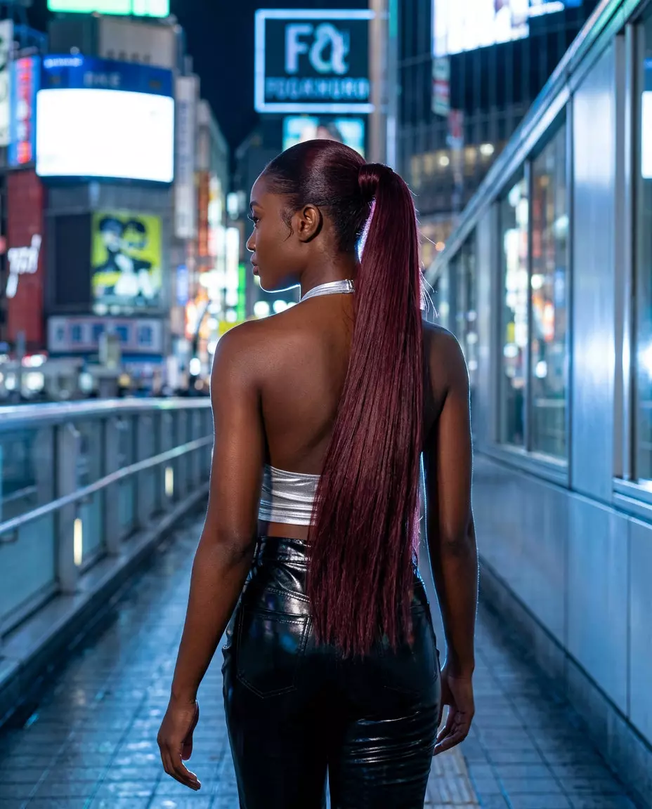 extra-long cherry cola red ponytail with blunt cut and high-shine finish for a bold statement