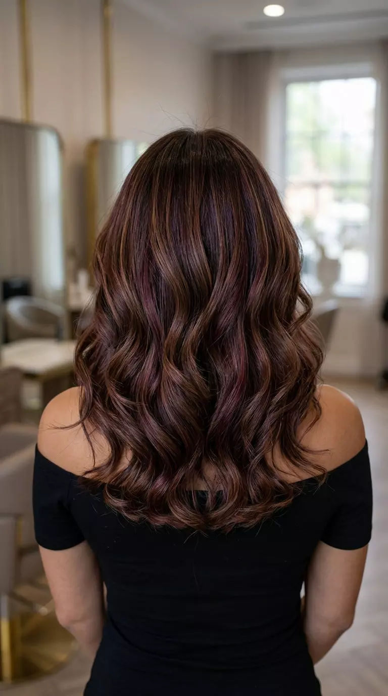 long cherry cola balayage with crimson lowlights on chocolate base for summer 2026