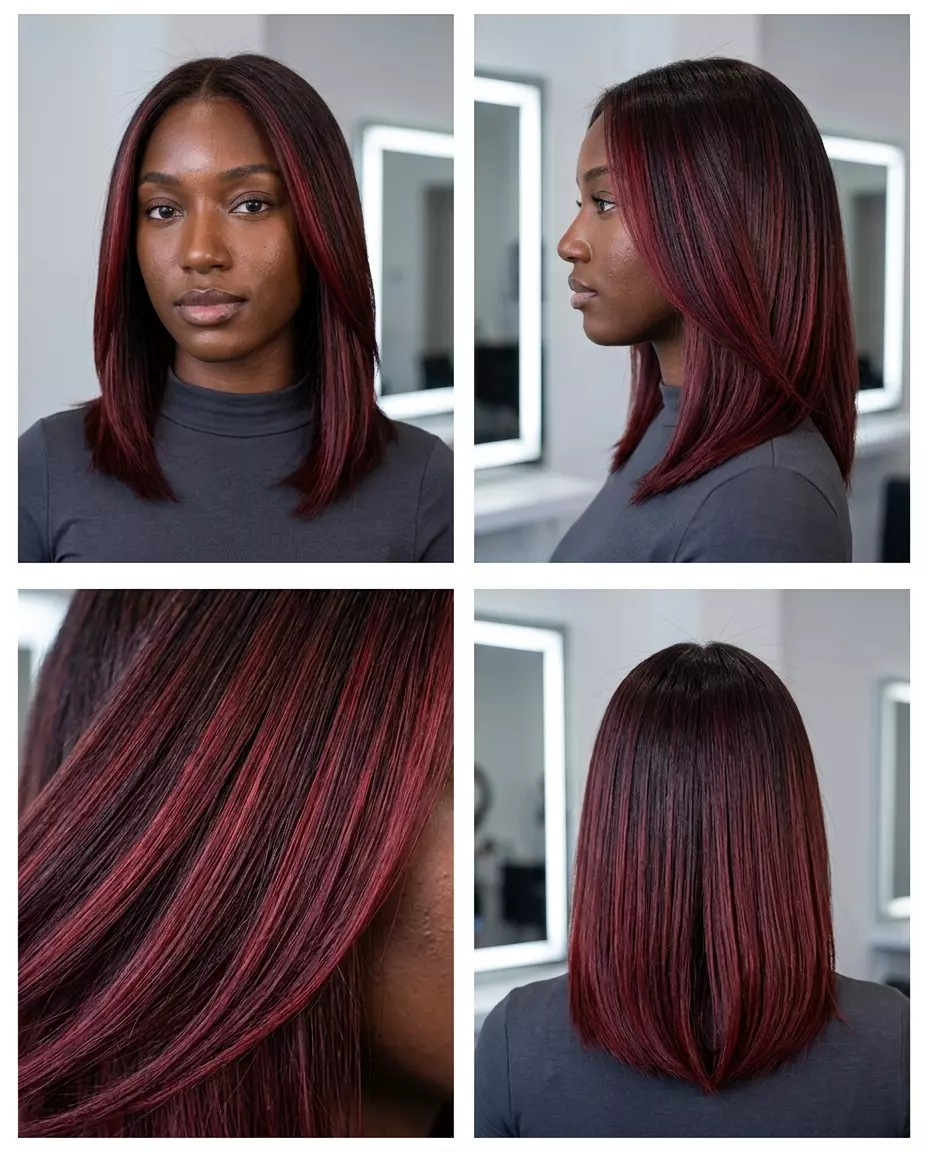 long deep cherry cola red balayage with dark chocolate base, foilayage, no fringe &mdash; edgy mysterious night out style
