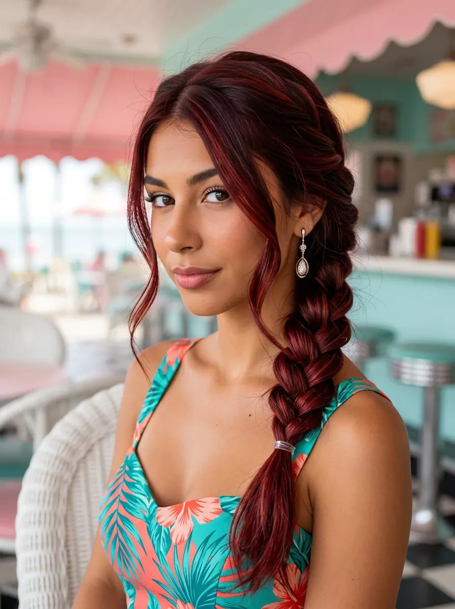 long cherry cola braids with a side braid and loose face-framing for summer 2026