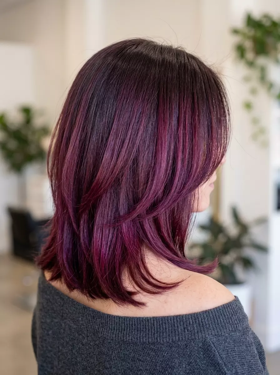 long layered brunette with cherry cola color melt, deep violet-red mid-lengths to ends, vibrant mood
