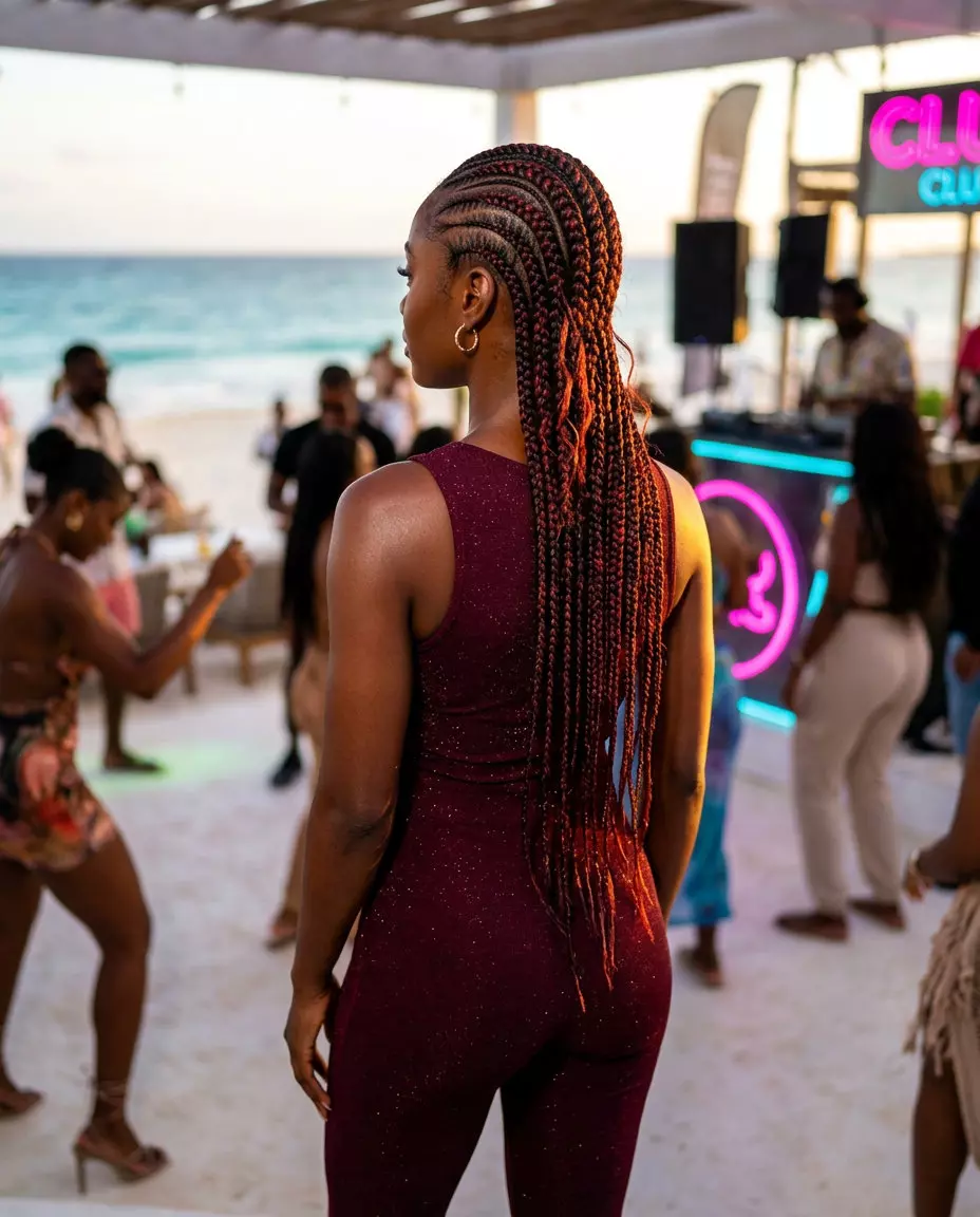 long cherry cola feed-in braids with vibrant red and black, sleek finish for date night