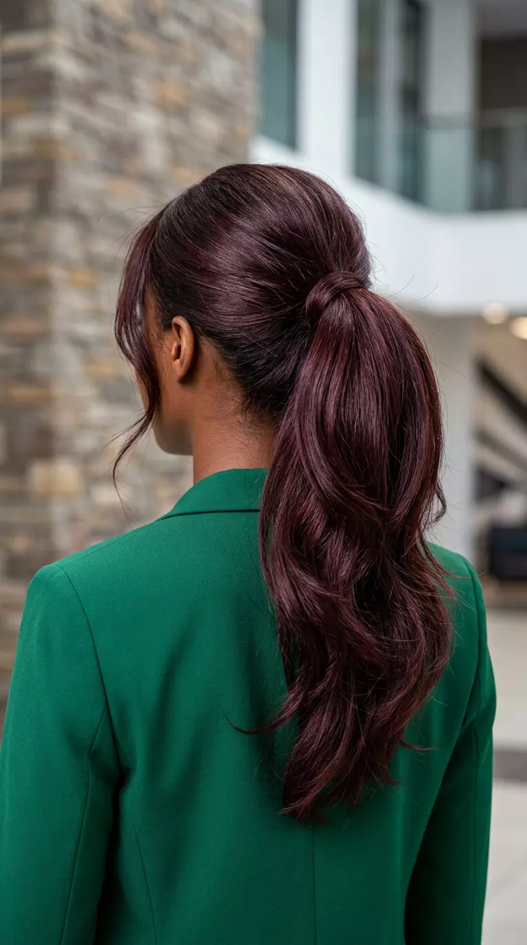 Retro Voluminous Ponytail 2026 long cherry cola ponytail with violet-red undertones and soft face-framing layers for a sophisticated look