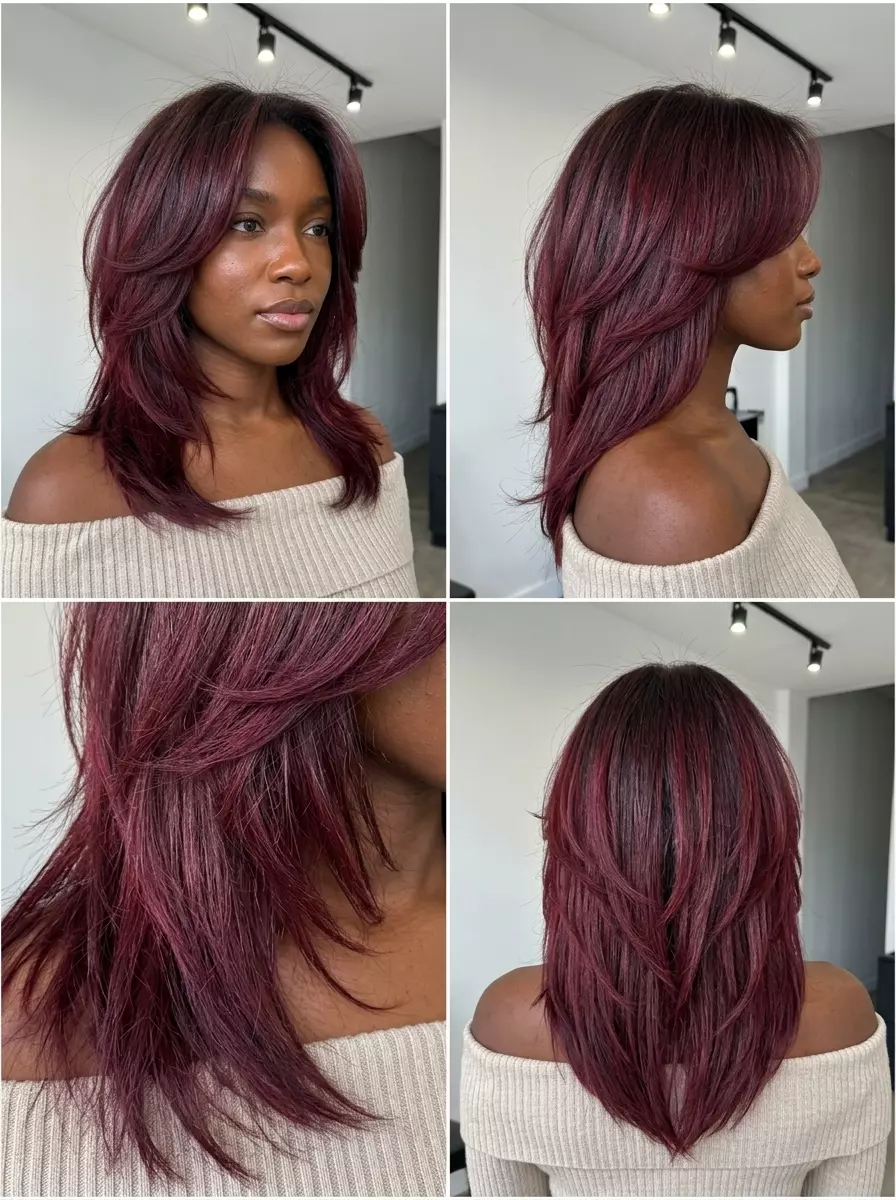 Glam Cherry Cola Shag Hair 2026: Dramatic Color long shag with deep cherry cola red and violet-red overlays, extensive face-framing layers, V-cut back — bold, glamorous