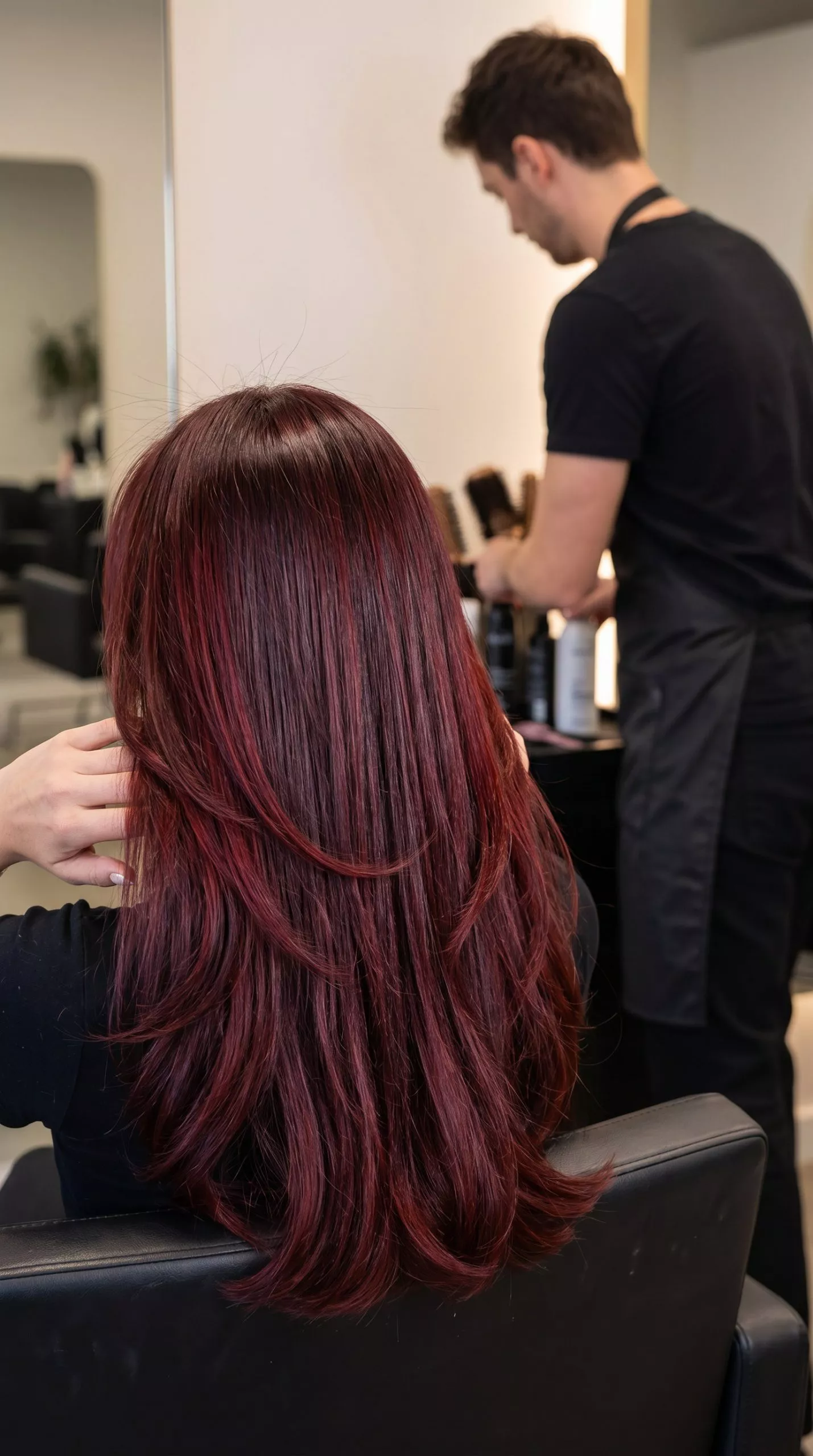 long layered haircut in cherry cola red with copper undertones, sweeping layers, U-shaped back &mdash; dramatic summer look