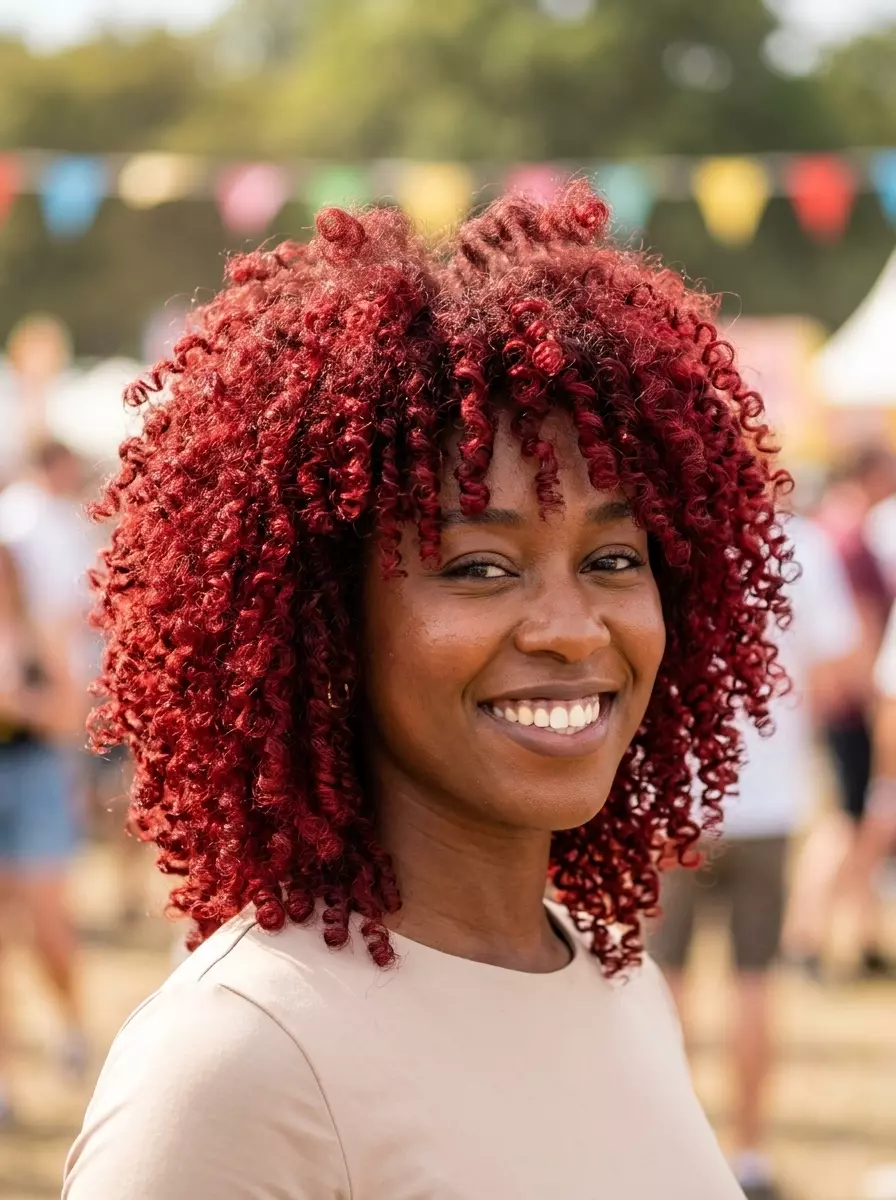 collarbone-length shag haircut in cherry cola red with brunette base, curly bangs for music festivals