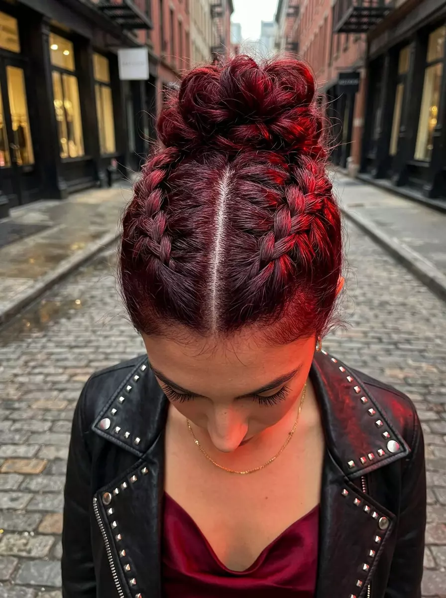 medium-long curly hair updo with cherry cola red color, dutch braids, bold bun for summer