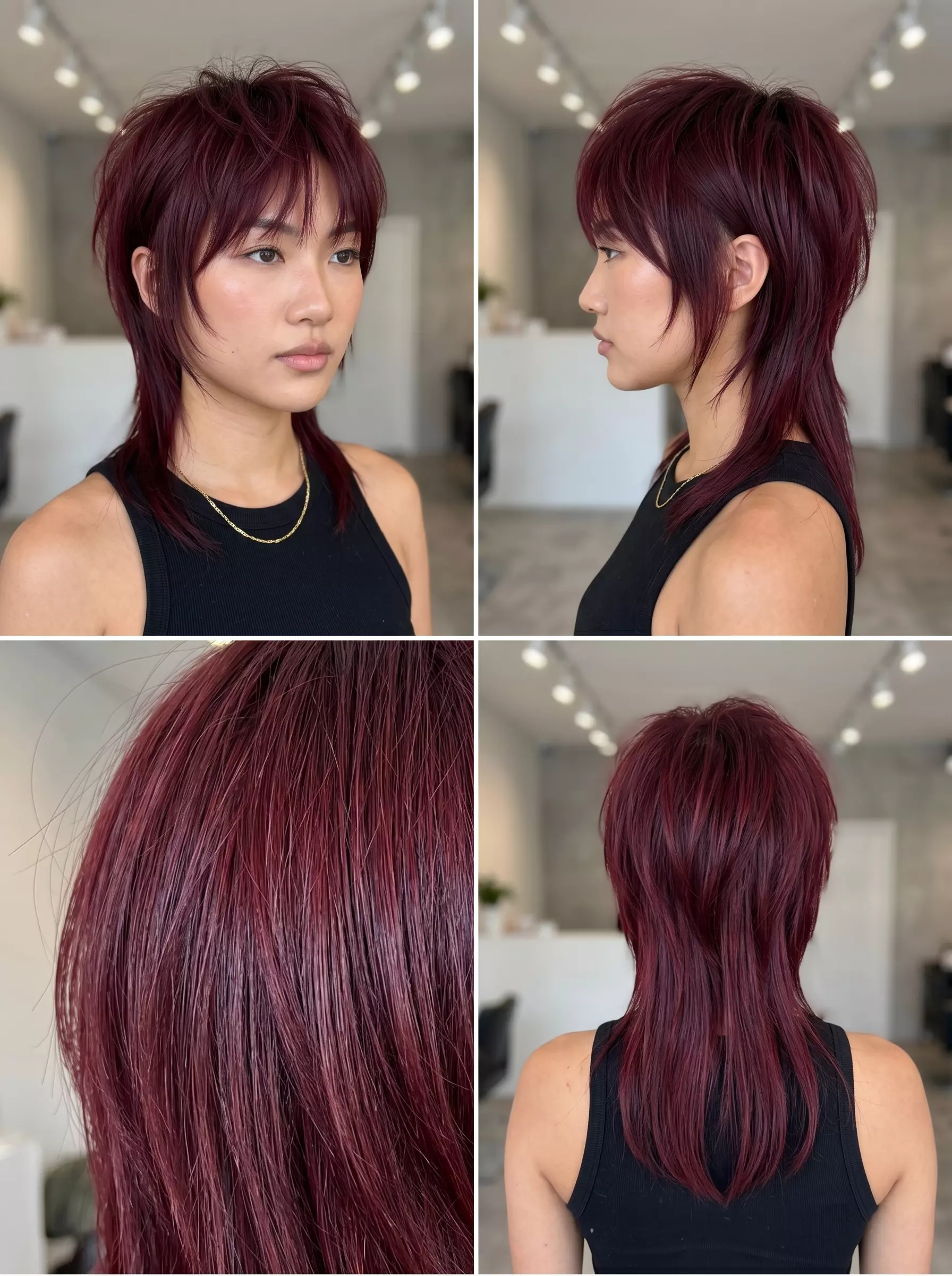 modern mullet haircut with deep cherry cola red, violet undertones, and tapered nape for summer 2026