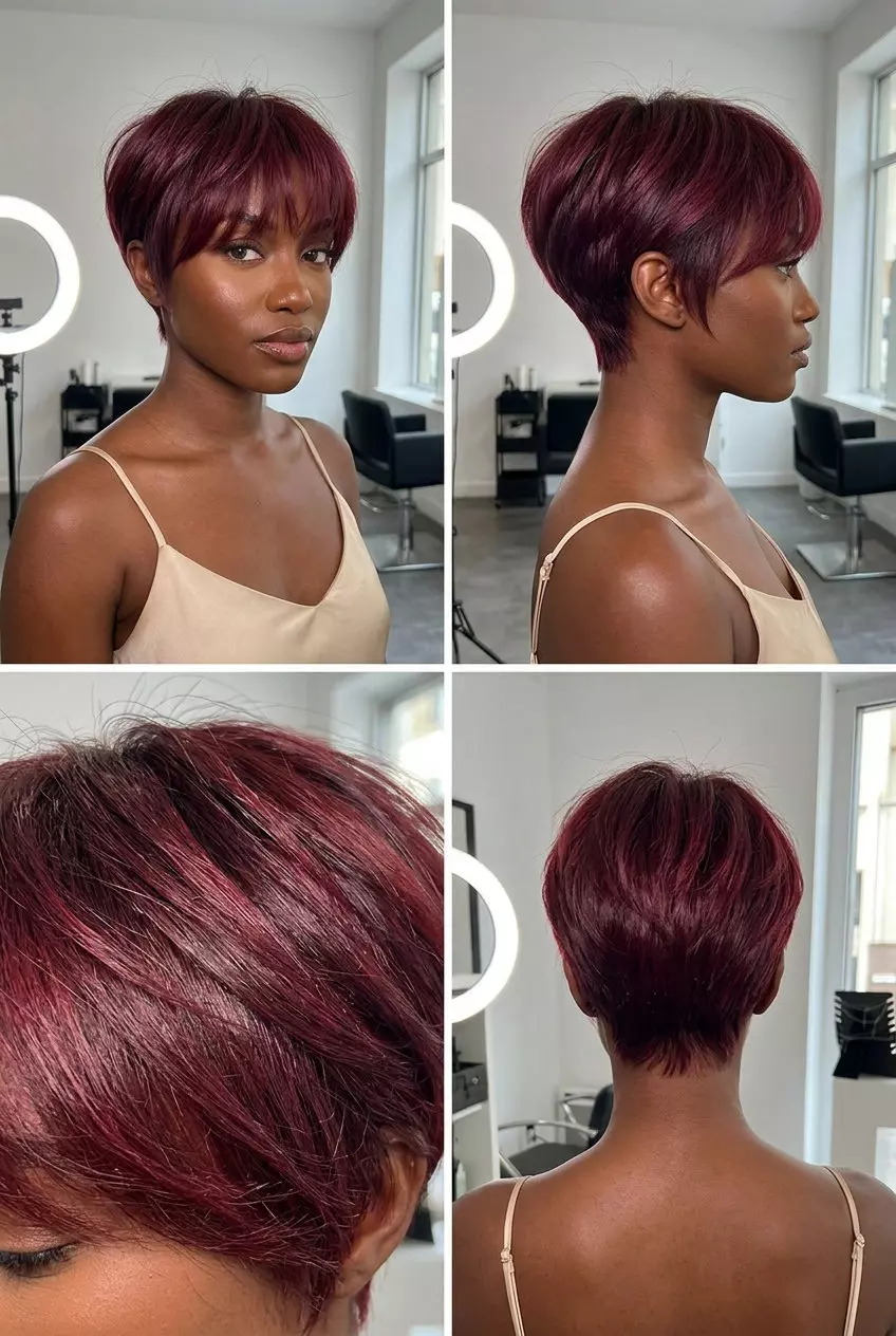 Bold Cherry Cola Red Pixie Cut 2026 short cherry cola red pixie haircut with textured layers and sweeping bangs for festivals
