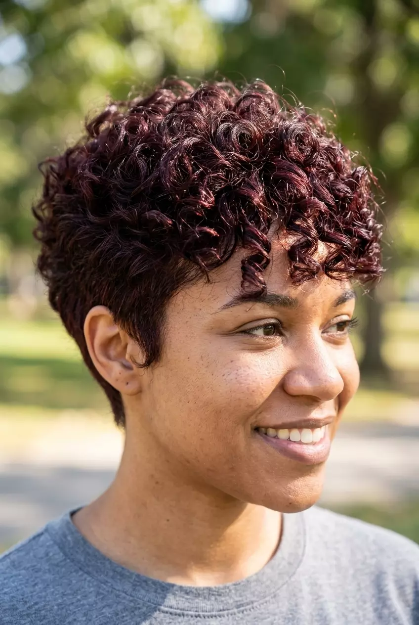 Textured Cherry Cola Pixie Haircut 2026 very short pixie haircut with cherry cola red, curly texture, faded sides — playful outdoor event