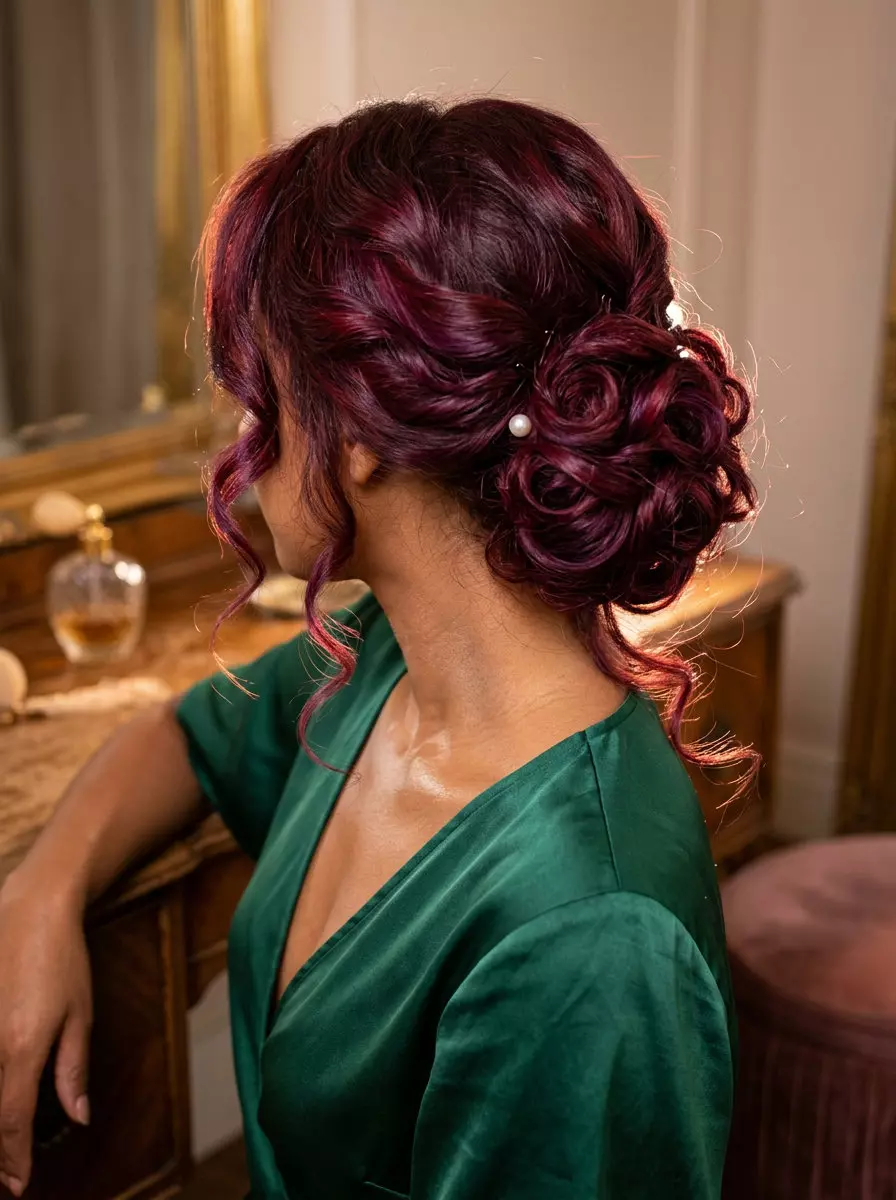 medium-long curly cherry red pin-up with purple undertones for date nights