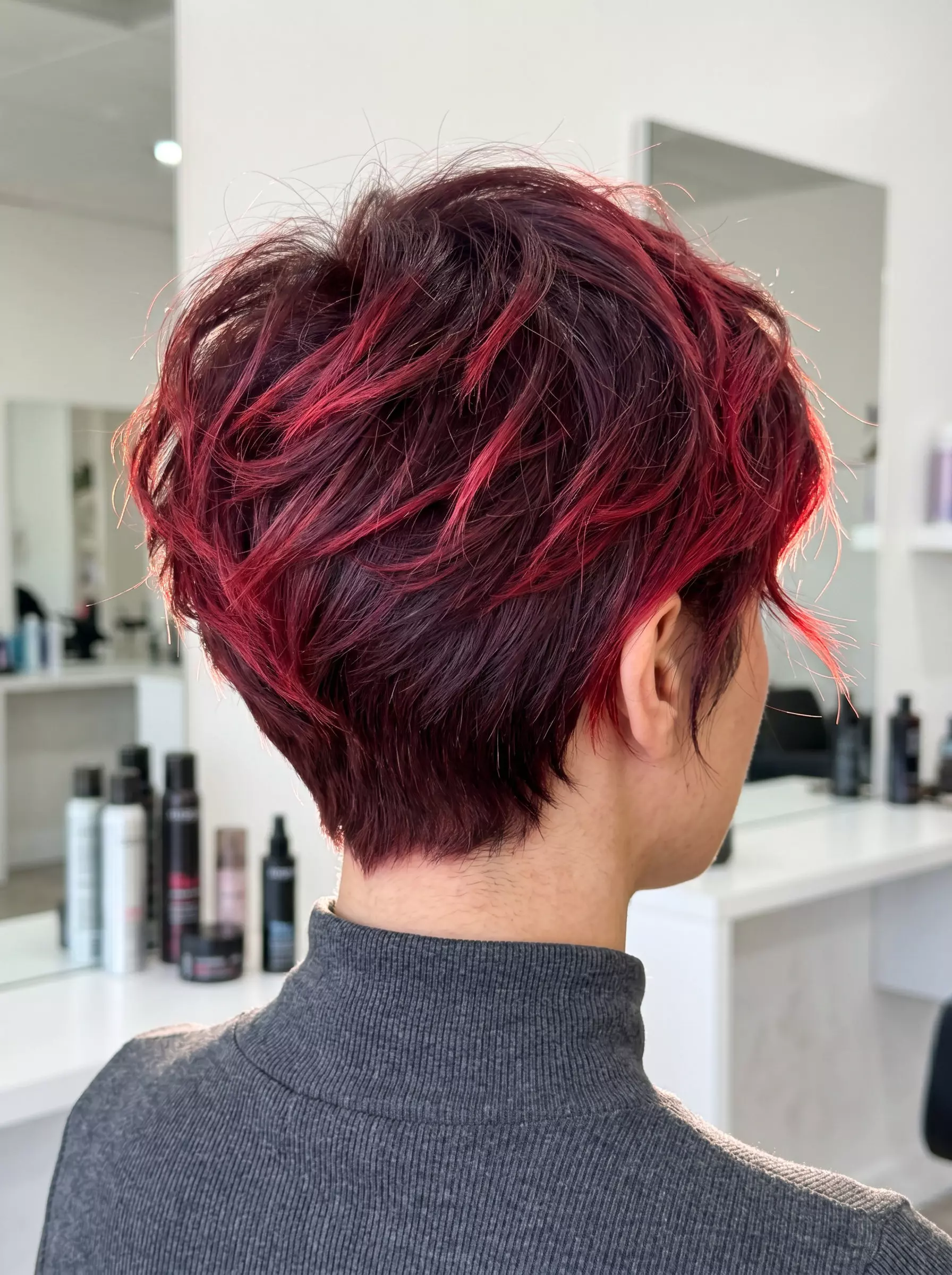 short cherry cola red pixie ombre with razored layers and vibrant tips for edgy style
