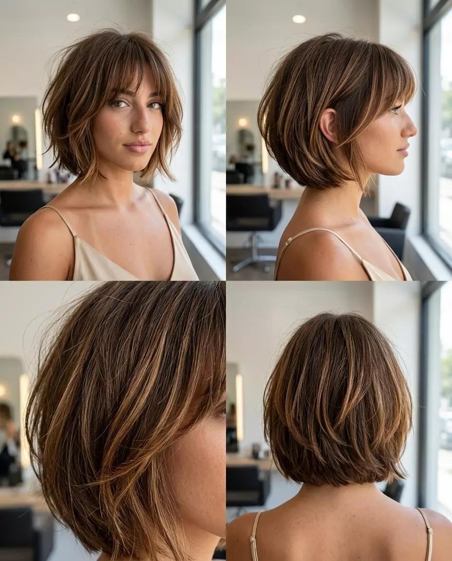 Summer Wolf Bob Fringe 2026 short chestnut bob haircut with honey-gold babylights, shaggy fringe — edgy casual day out