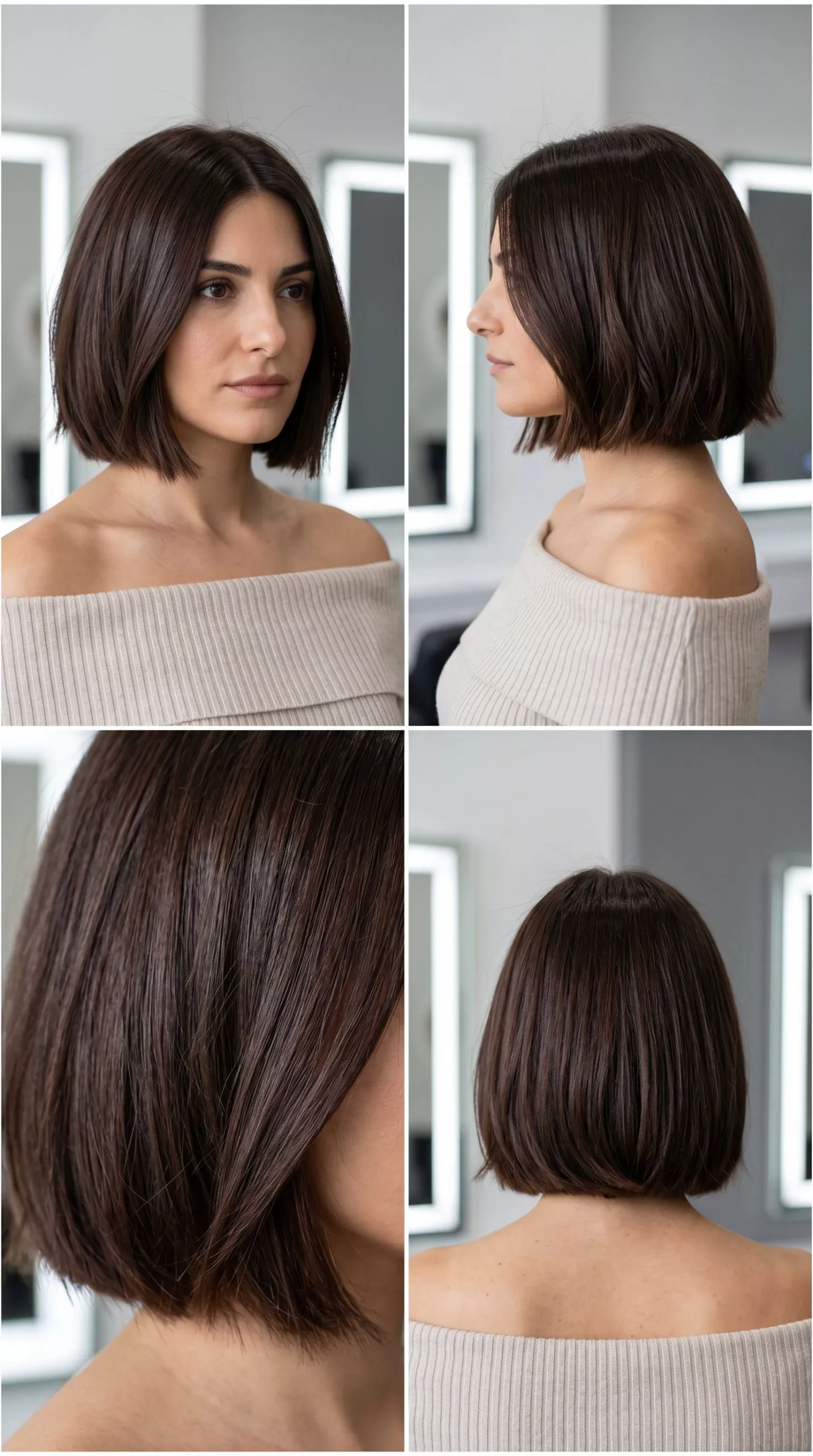 chin-length textured bob haircut in chocolate brown with espresso undertones and glaze