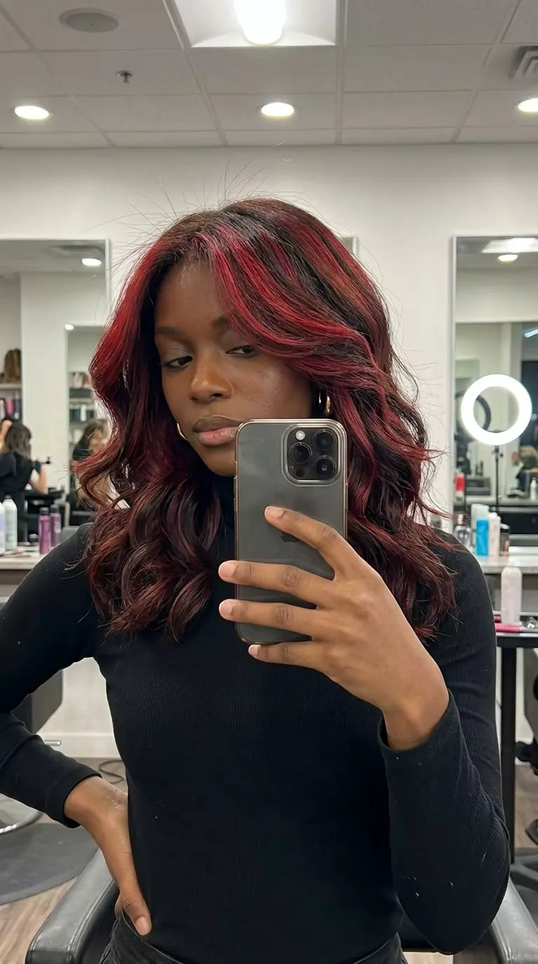 deep chocolate brown with crimson red highlights and black cherry lowlights, full foil &mdash; bold festival look