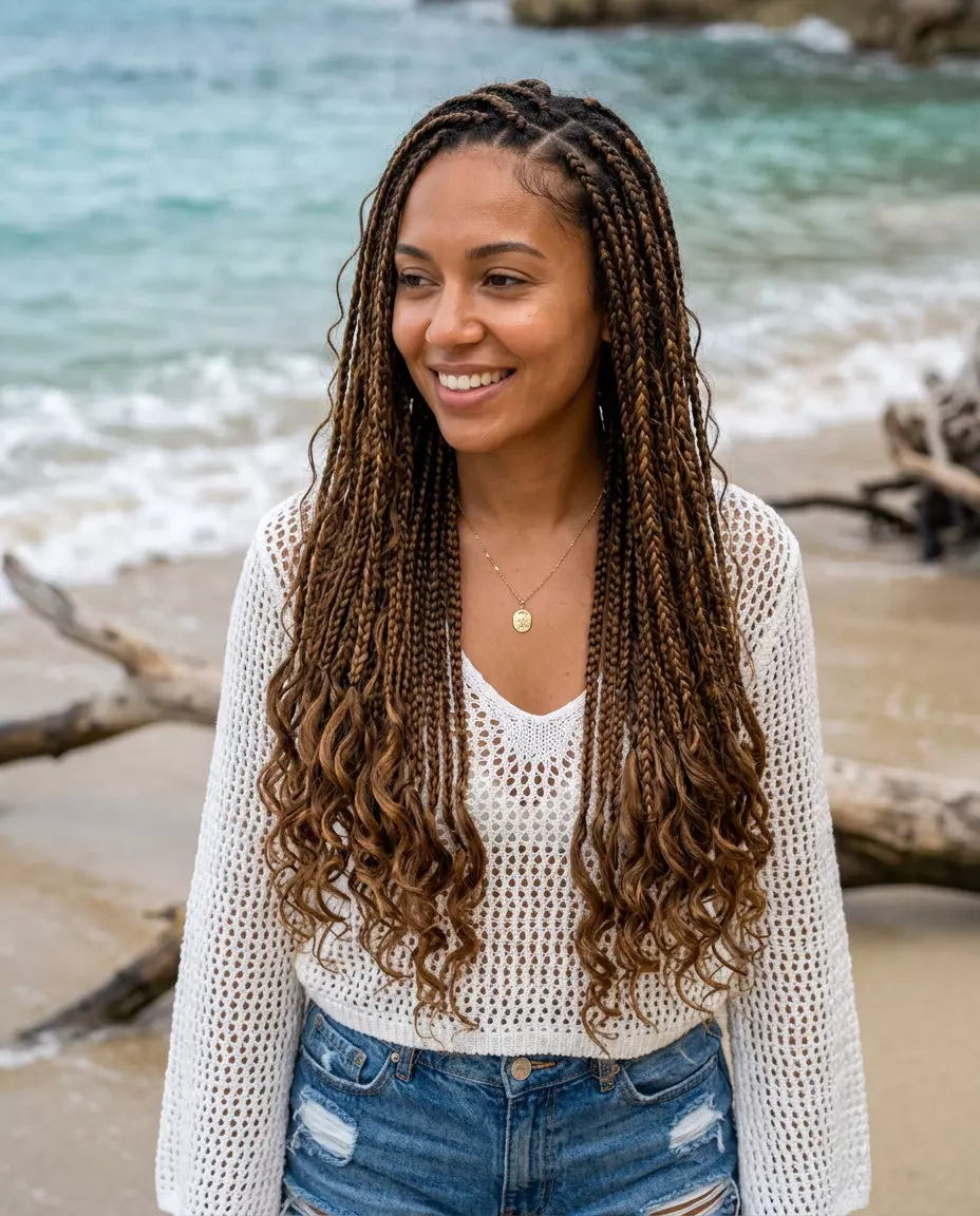 long textured knotless braids with chocolate brown and honey, playful curls for festivals