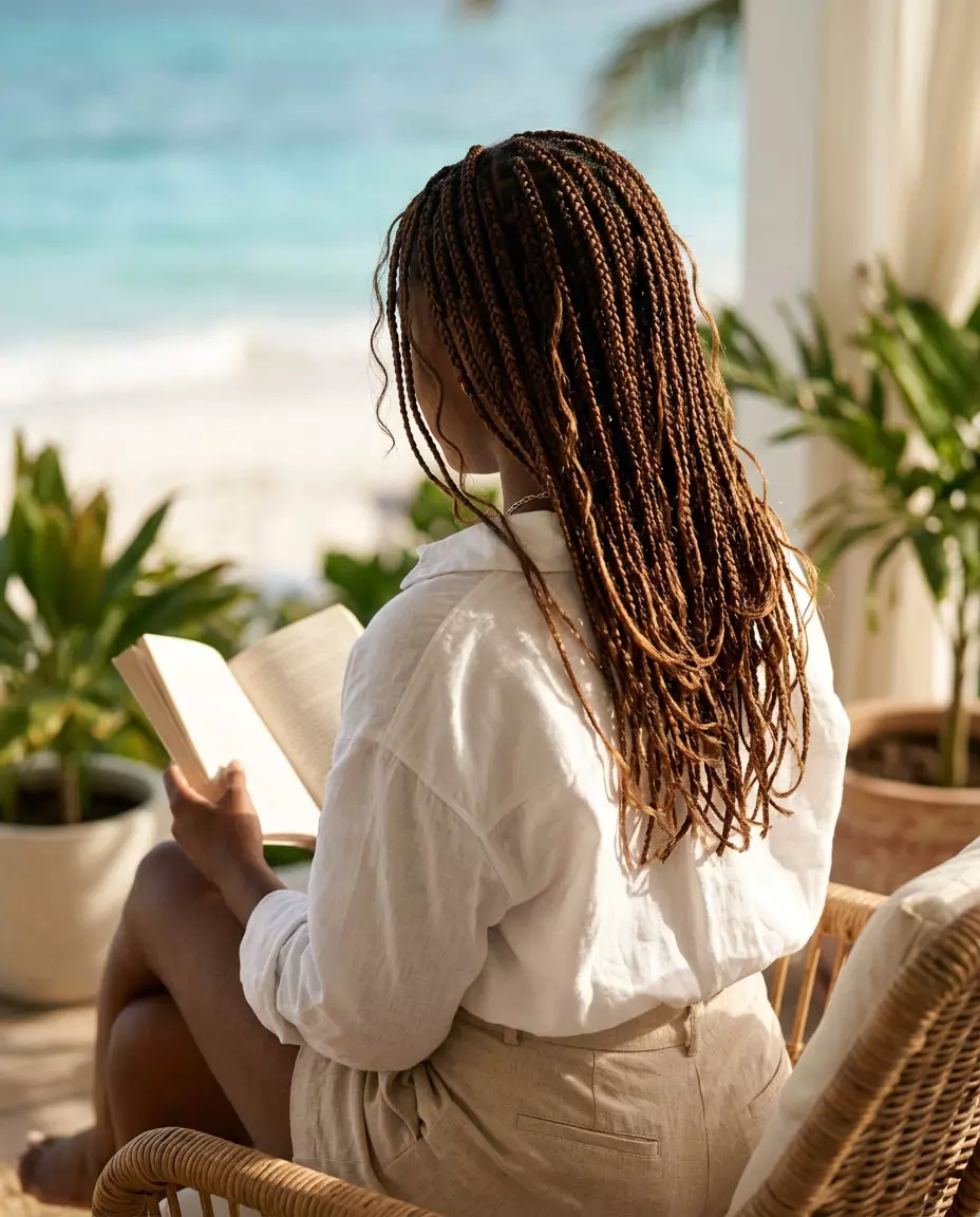 medium layered face-framing braids with chocolate brown and caramel, soft texture for daily wear