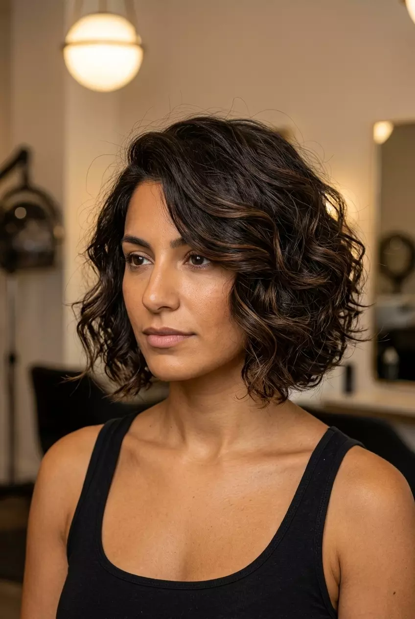 Opulent Baroque Curled Bob 2026 chin-length layered bob with deep chocolate brunette and caramel lowlights, deep side part — glamorous formal event