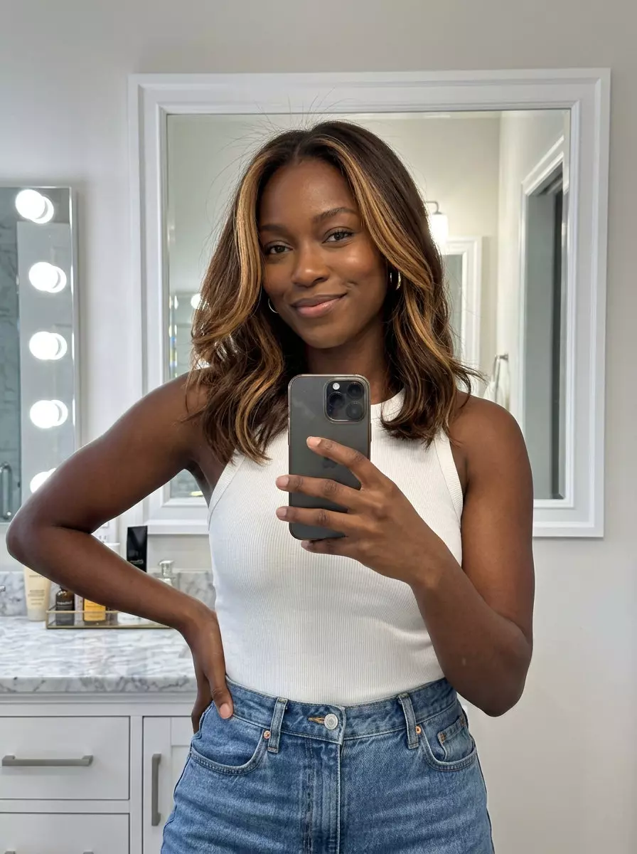 long chocolate brunette with golden caramel balayage, sun-kissed glow, face-framing &mdash; playful