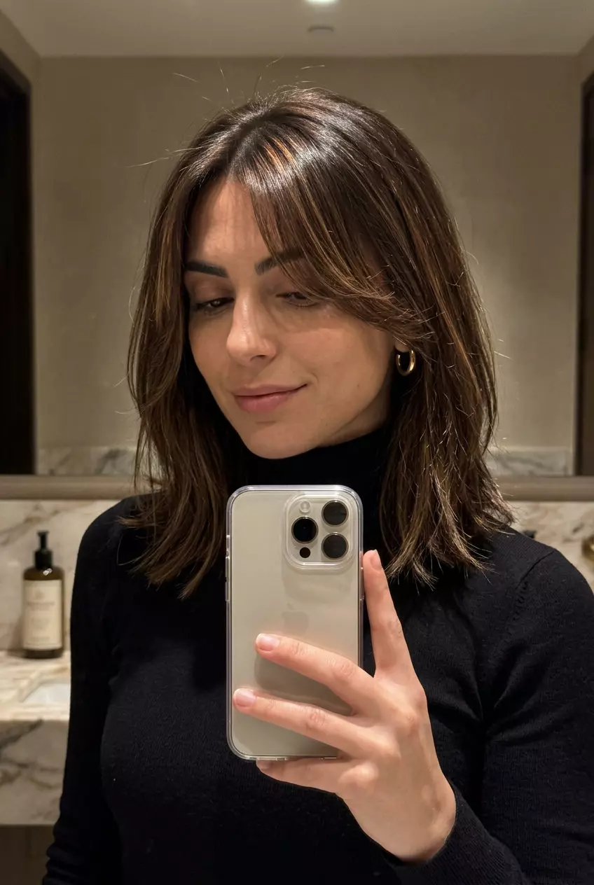 Effortless Riviera Midi Haircut 2026 shoulder-length chocolate brunette lob with curtain bangs and caramel babylights for summer