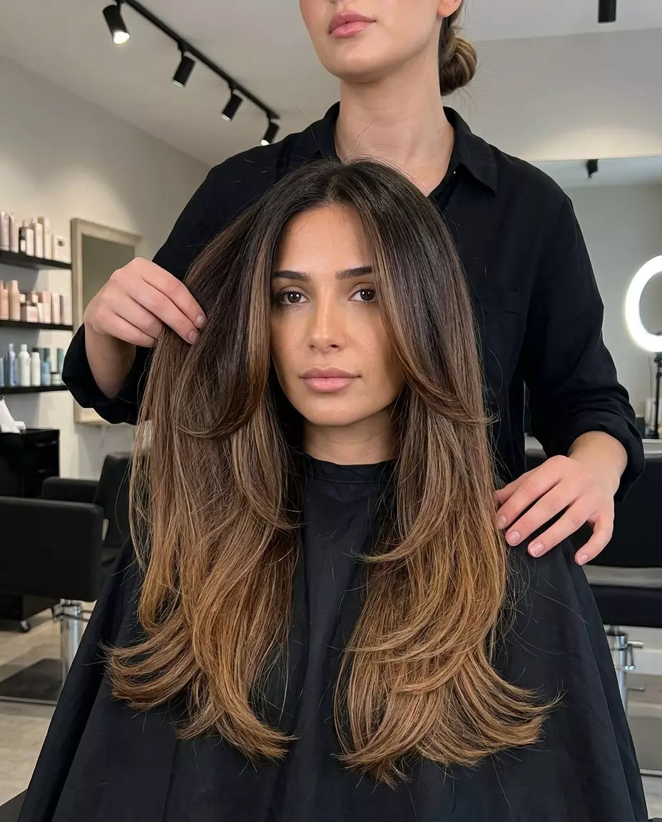 Summer Truffle Cascade Haircut extra-long deep chocolate to caramel ombré haircut with seamless layers for summer galas