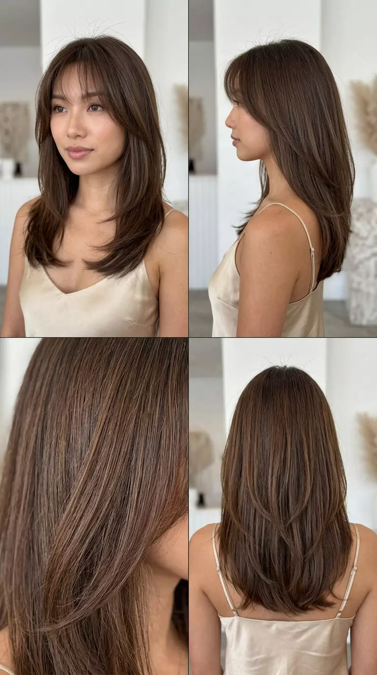 long layered hush cut with soft chocolate undertones and wispy bangs for summer 2026