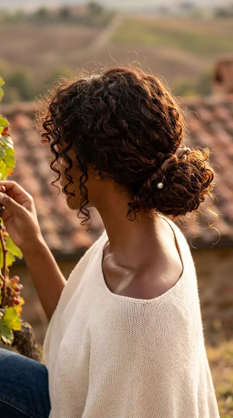 long chocolate brunette updo with mahogany undertones, celebrated curly low bun for casual outings