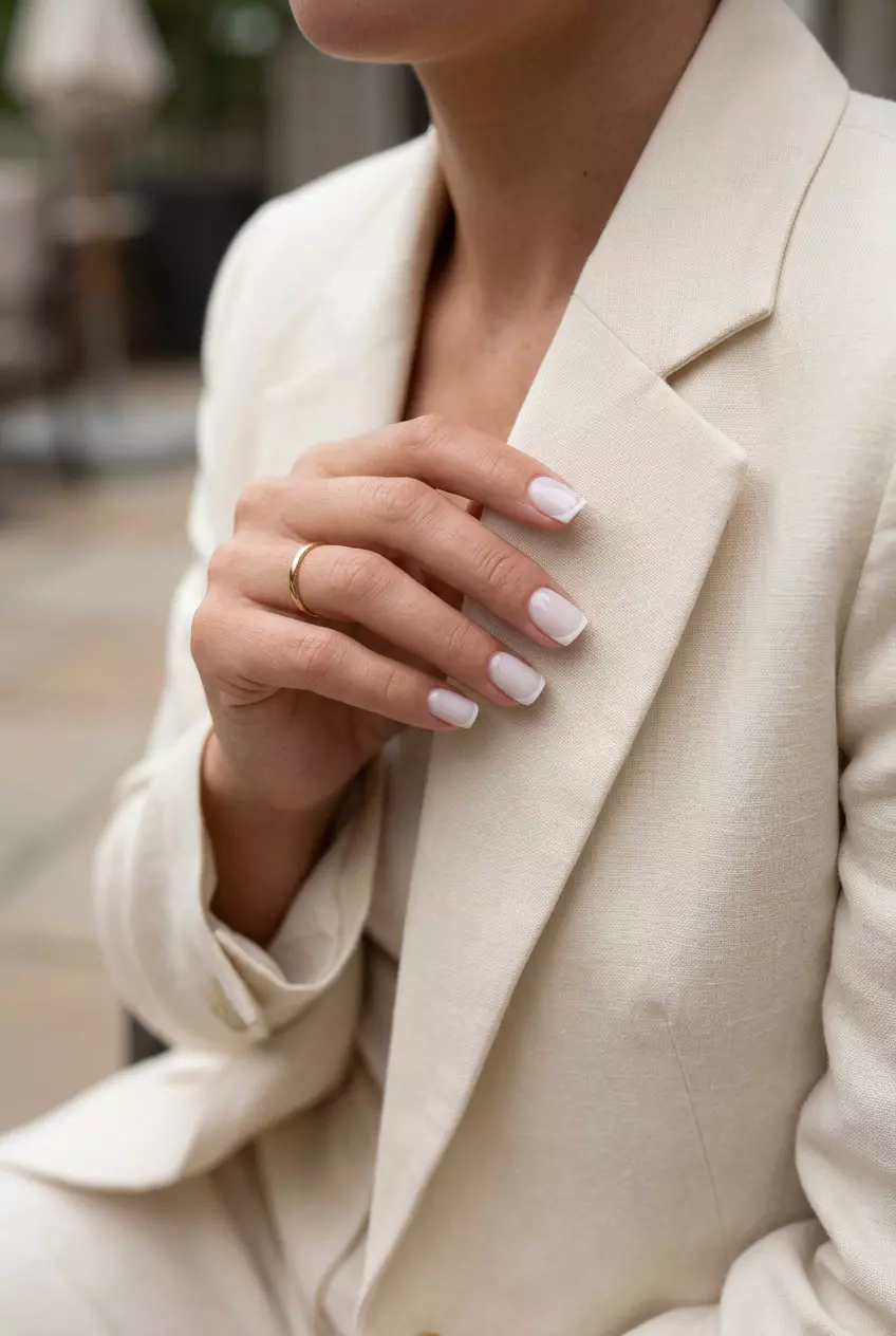 Clean French Summer White | Minimalist Nails 2026 Clean French Summer White: Sophisticated short acrylic nails with sheer white base and crisp white micro French tips for daily wear. Simple summer acrylic nail designs 2026.