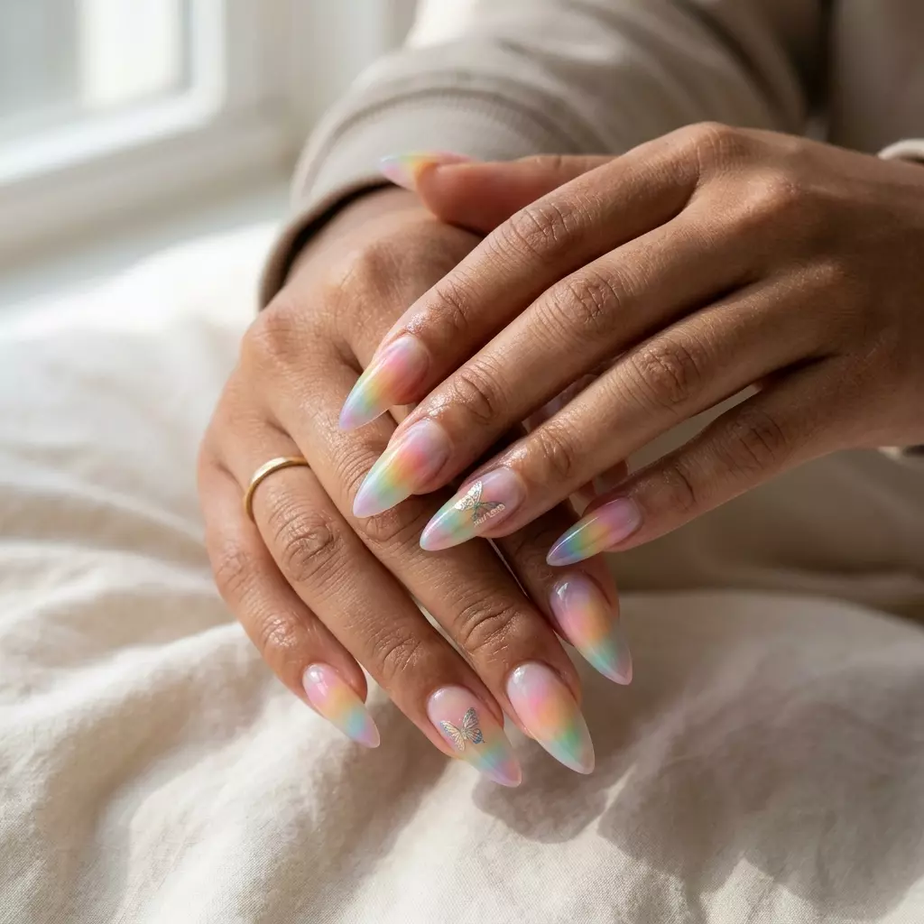 Abstract Butterfly Wings Stiletto Nails 2026 Abstract Butterfly Wings Stiletto nails featuring pastel rainbow gradient and iridescent decals for colourful summer nails 2026.
