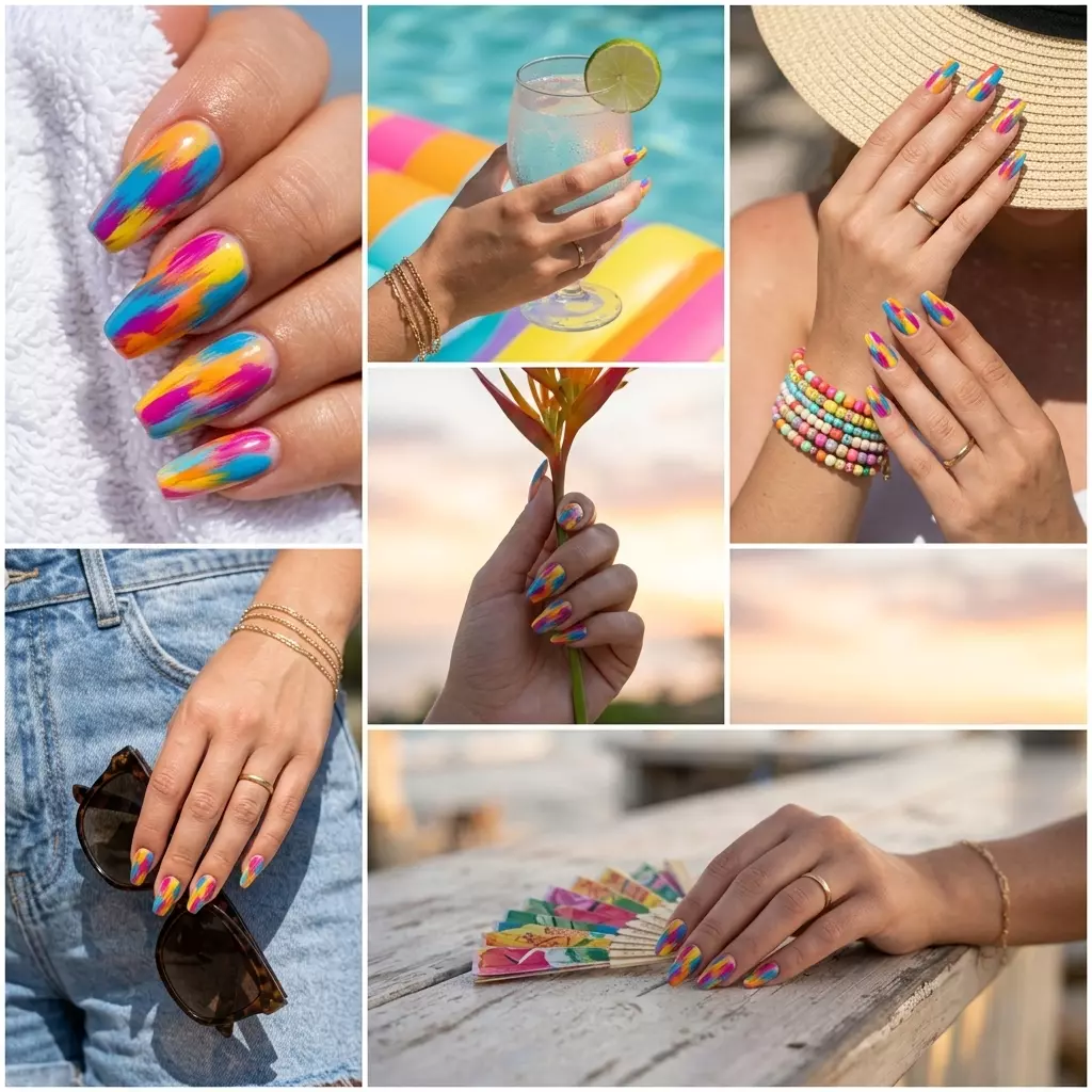 Colourful Summer Nails 2026: Artistic Abstract Design Colourful summer nails 2026: Cerulean & Yellow Abstract Canvas on medium coffin nails, artistic and vibrant for events.
