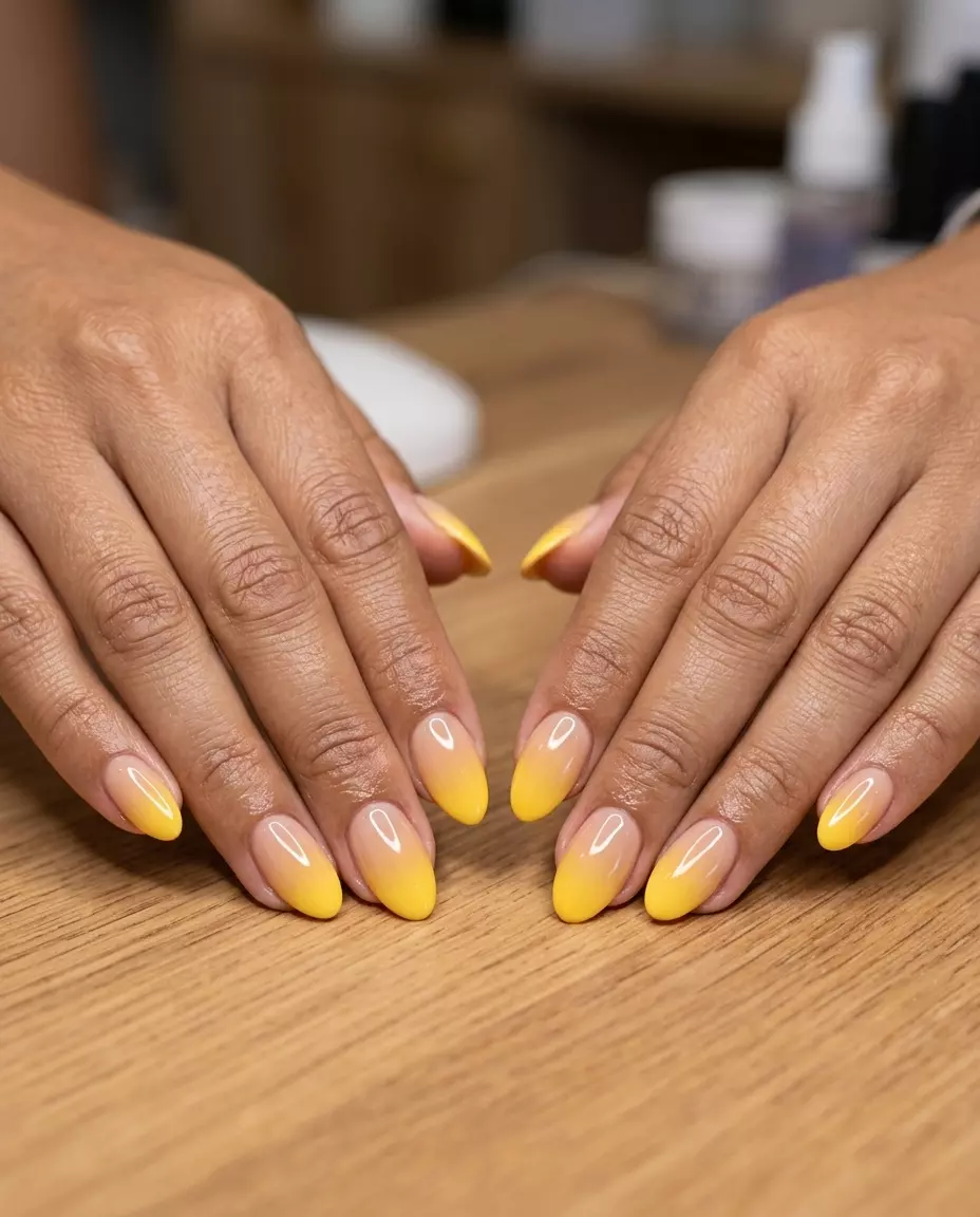 Colourful Summer Nails 2026: Elegant Ombre Blend Colourful summer nails 2026: Golden Nude Blend Ombre on long almond nails, perfect for weddings and chic summer events.