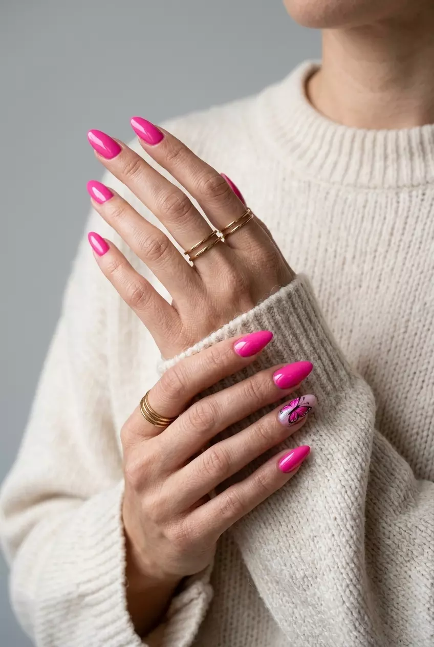 Colourful Summer Nails 2026: Hot Pink Butterfly Hot Pink Butterfly Accent Nail: Colourful summer nails 2026 for parties with a bold pink and butterfly design.