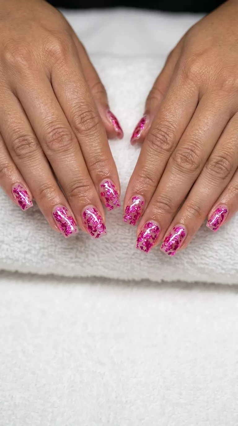 Hot Pink Foil Flake Frenzy Nails 2026 Hot Pink Foil Flake Frenzy nails with clear jelly finish and scattered flakes for edgy colourful summer nails 2026.