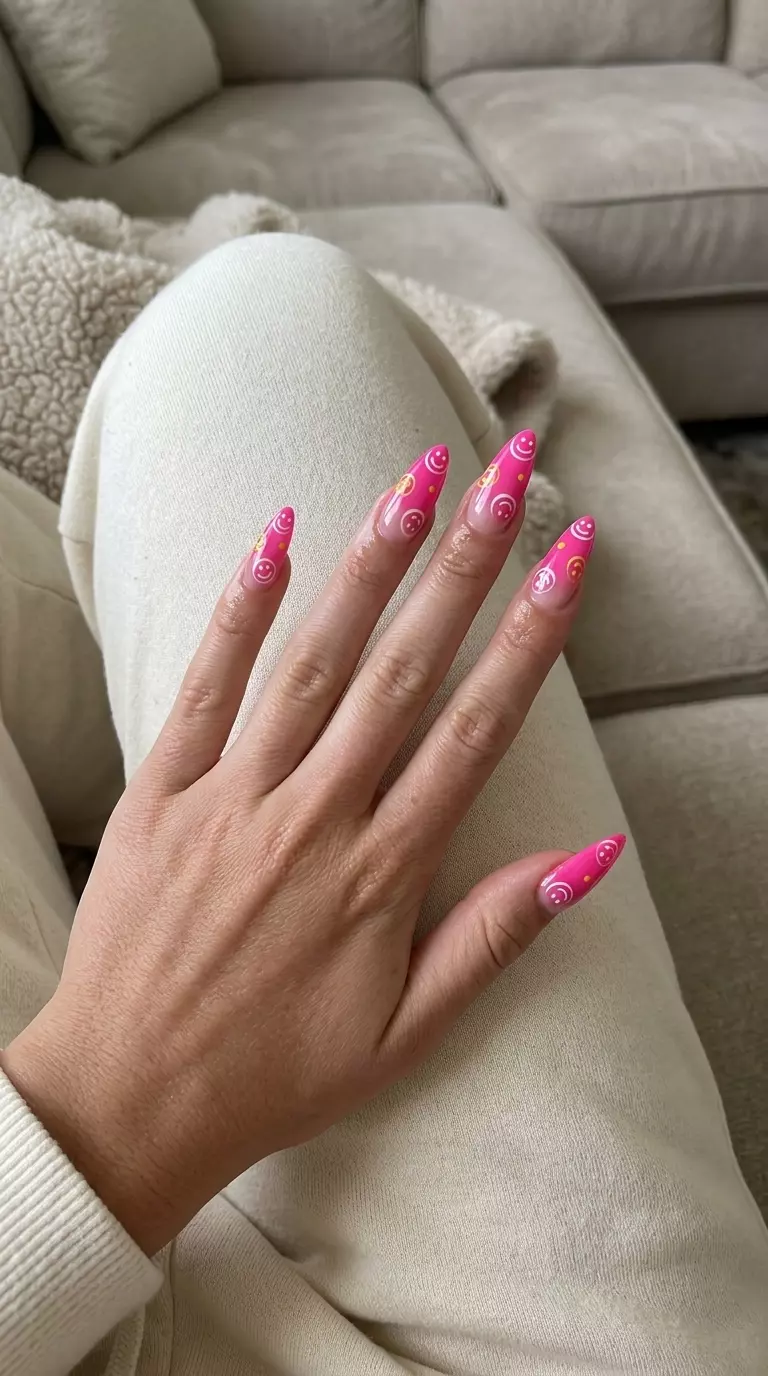 Colourful Summer Nails 2026: Fun Y2K Smiley Faces Colourful summer nails 2026: Hot Pink Y2K Smileys on medium almond nails, a fun and playful choice for parties.