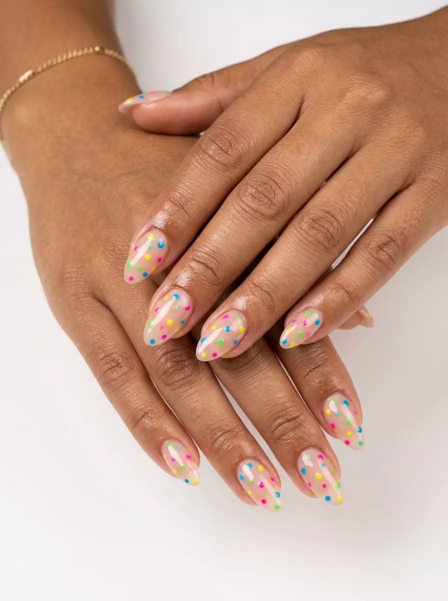 Colourful Summer Nails 2026: Multi-Color Dots Multi-Color Dots Almond: Colourful summer nails 2026 for festivals with playful dots in bright hues.