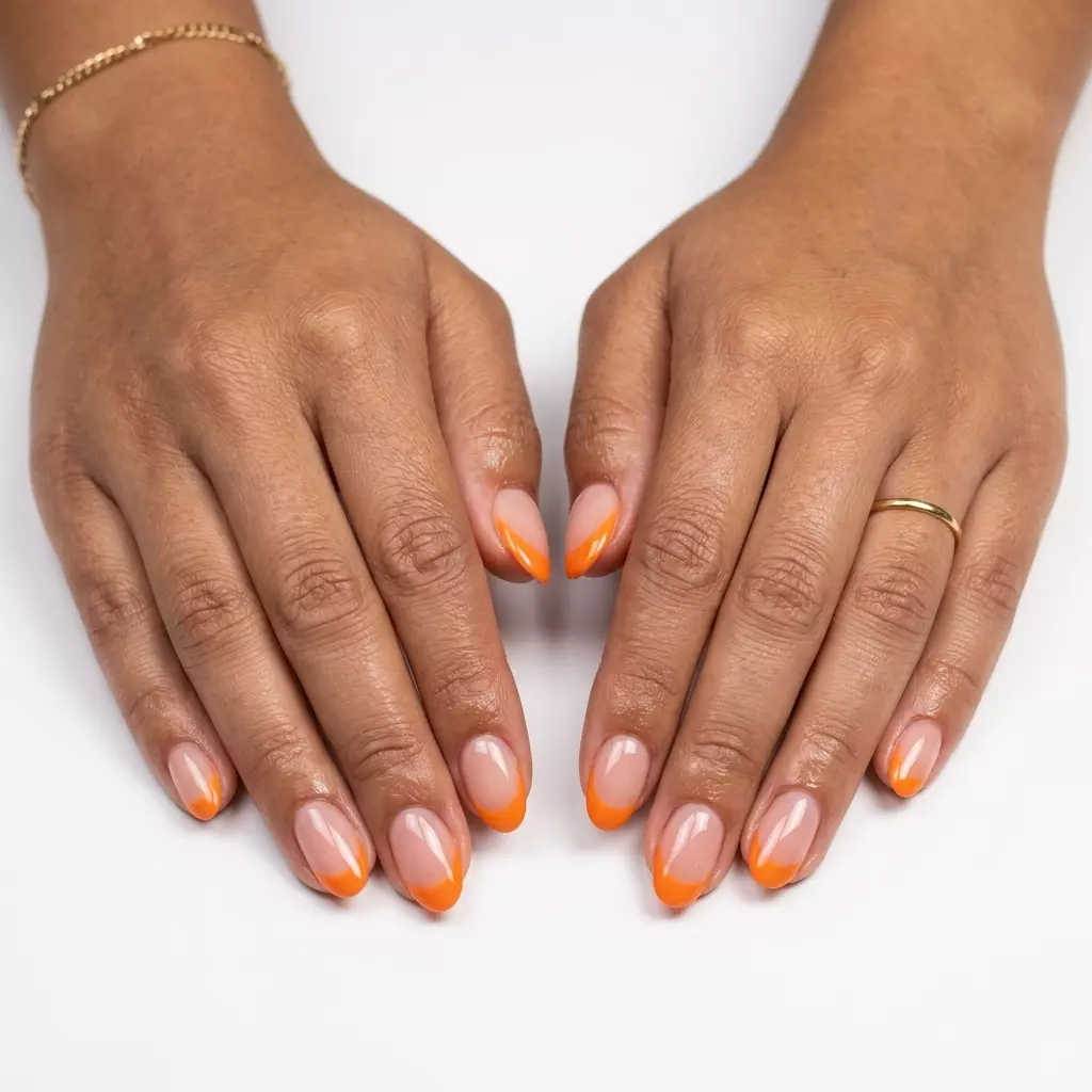 Colourful Summer Nails 2026: Orange Soda Reverse Orange Soda Reverse French: Colourful summer nails 2026 with a retro vibe and vibrant orange cuticle crescent.
