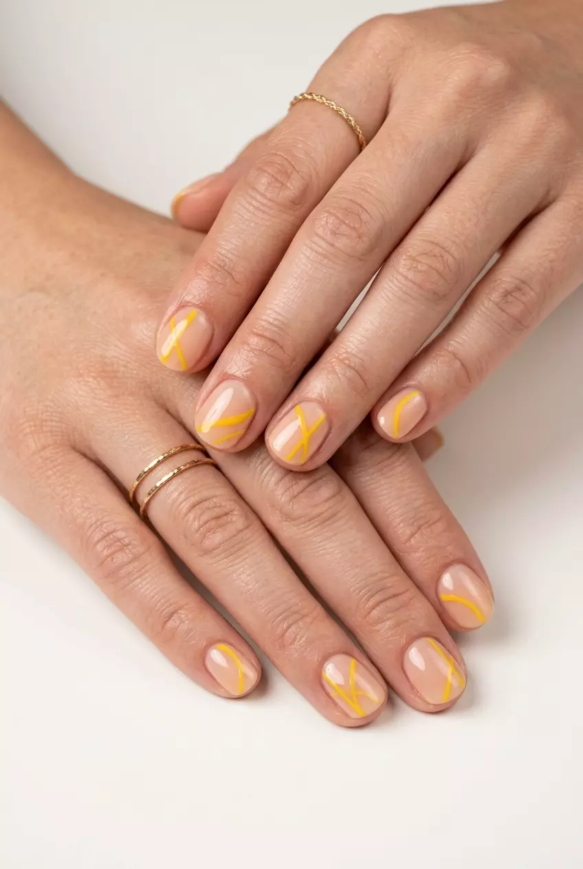 Sunflower Yellow Abstract Lines Nails 2026 Sunflower Yellow Abstract Lines nails on a sheer nude base for minimalist colourful summer nails 2026.