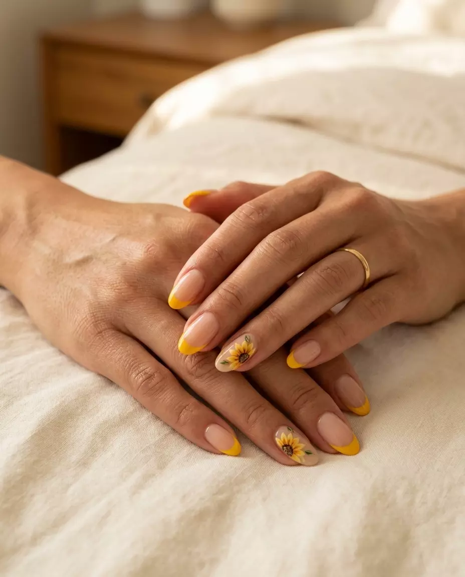 Sunflower Yellow French Accent Nails 2026 Sunflower Yellow French Accent nails with a nude base and hand-painted sunflower detail for artistic colourful summer nails 2026.