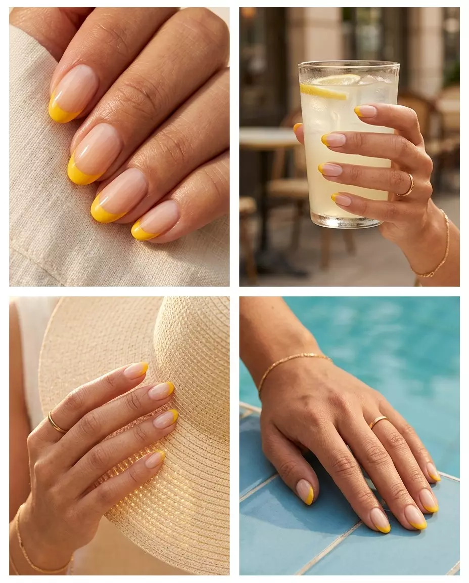 Colourful Summer Nails 2026: Sunshine French Classic Sunshine French Classic: Colourful summer nails 2026 with yellow tips on a nude base for casual chic.
