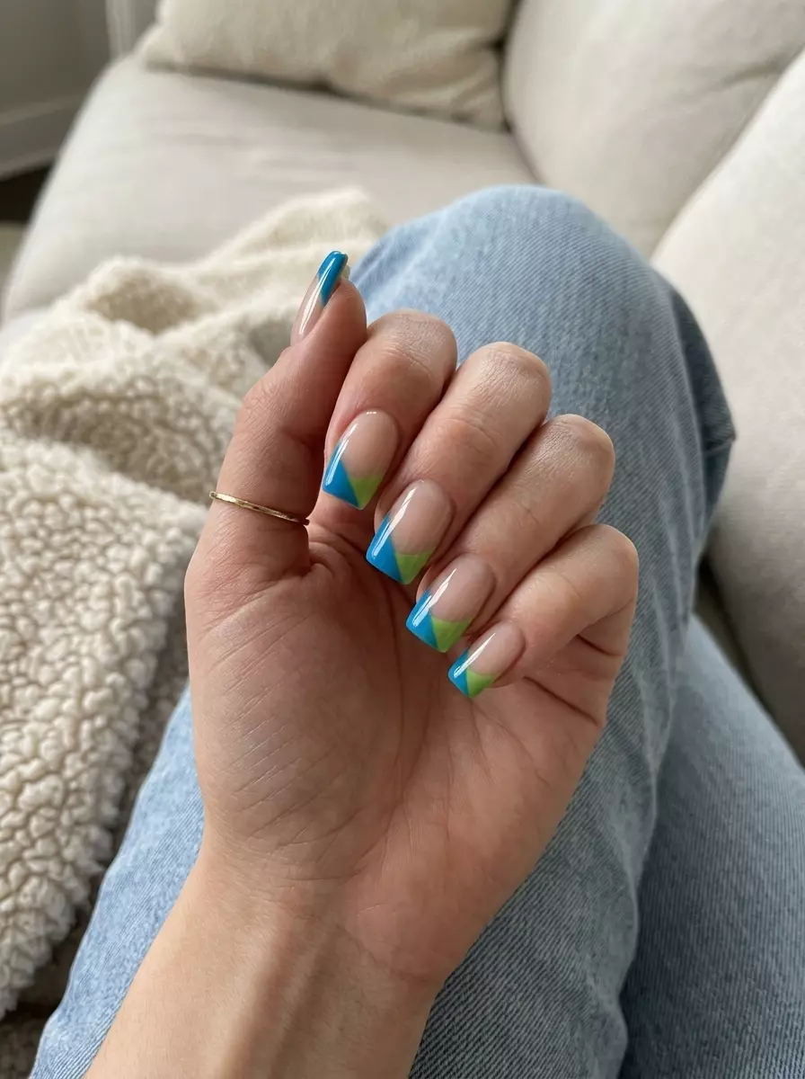 Colourful Summer Nails 2026: Bold Color Block French Colourful summer nails 2026: Tropical Color Block French tips in vivid cerulean and lime green on coffin nails.