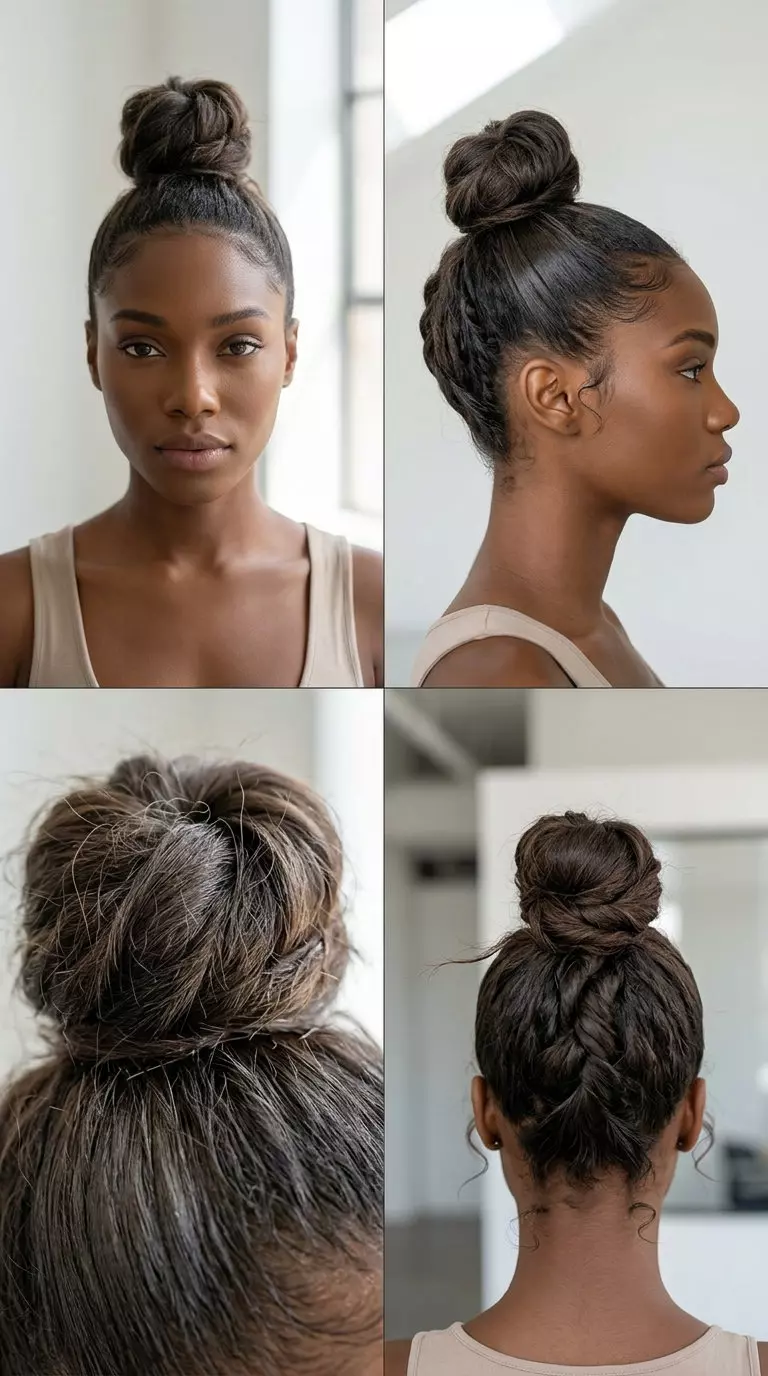 very short cropped haircut with cool ash brunette color, edgy top knot for summer work