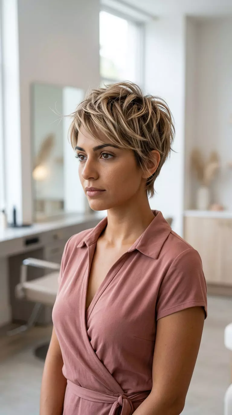short cool beige bronde pixie haircut with micro-babylights and razored texture for festivals