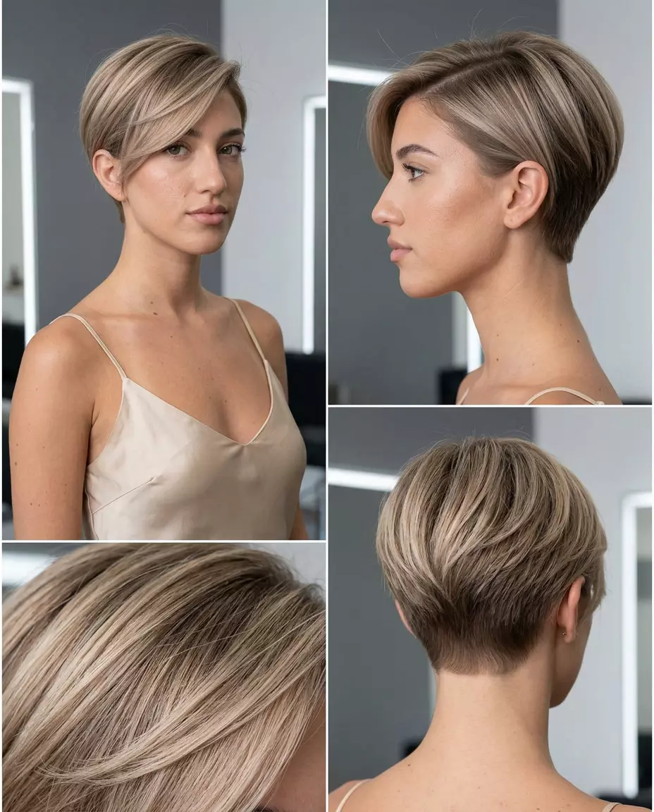 short cool beige bronde pixie haircut with textured layers and side-swept fringe for professional events