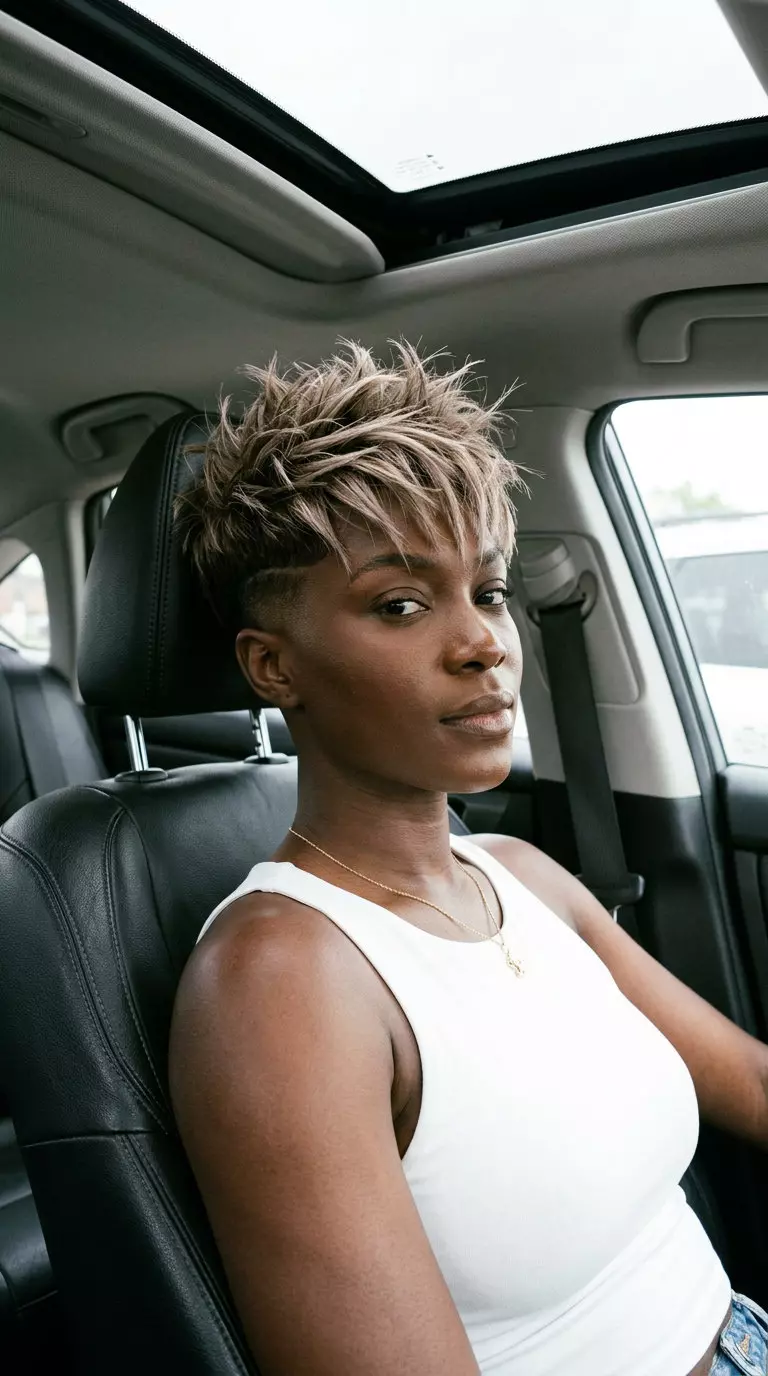 short cool bronde crop haircut with high clipper fade and point-cut texture for concerts