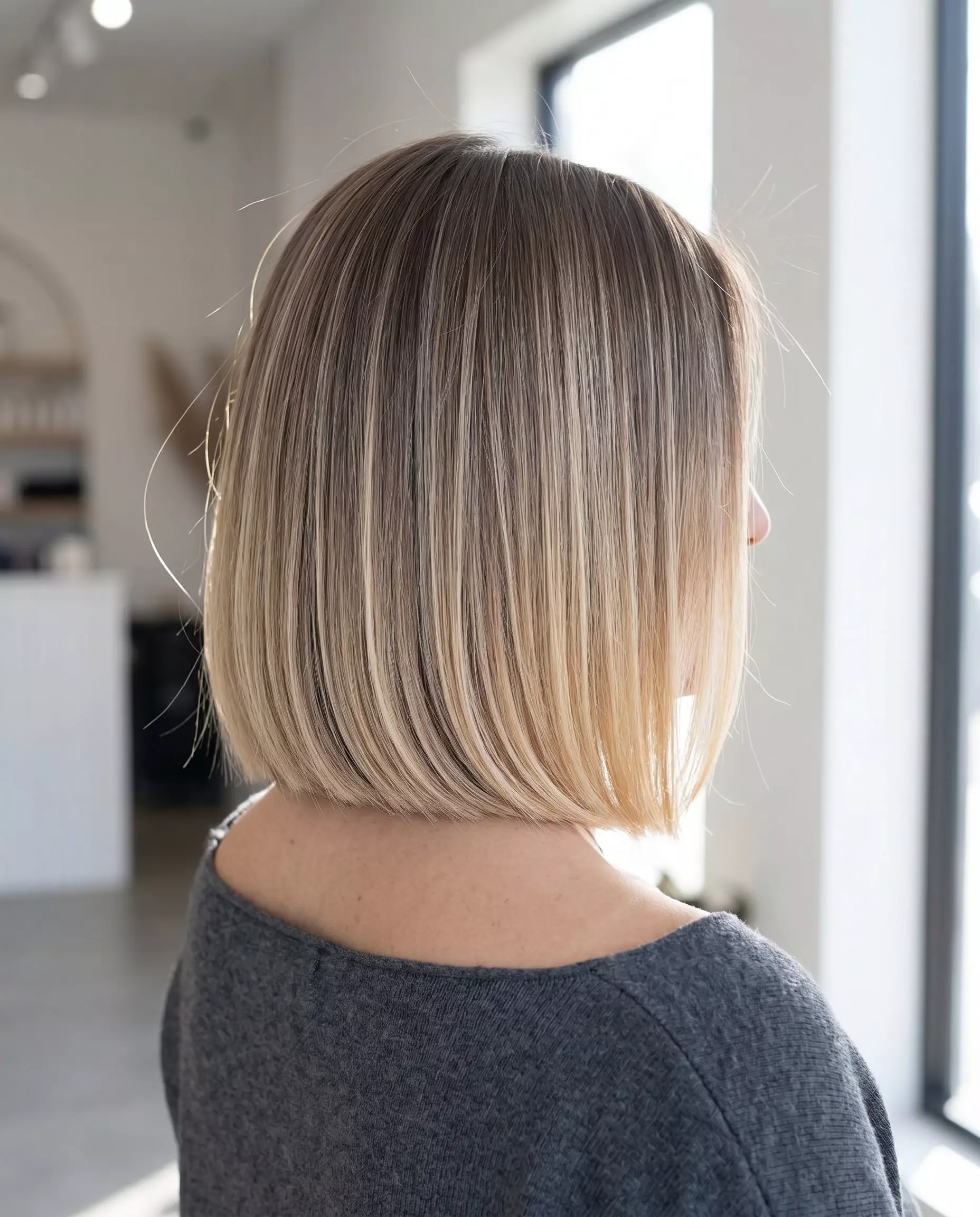 chin-length cool brown to buttery blonde ombre with creamy highlights on Italian bob for summer