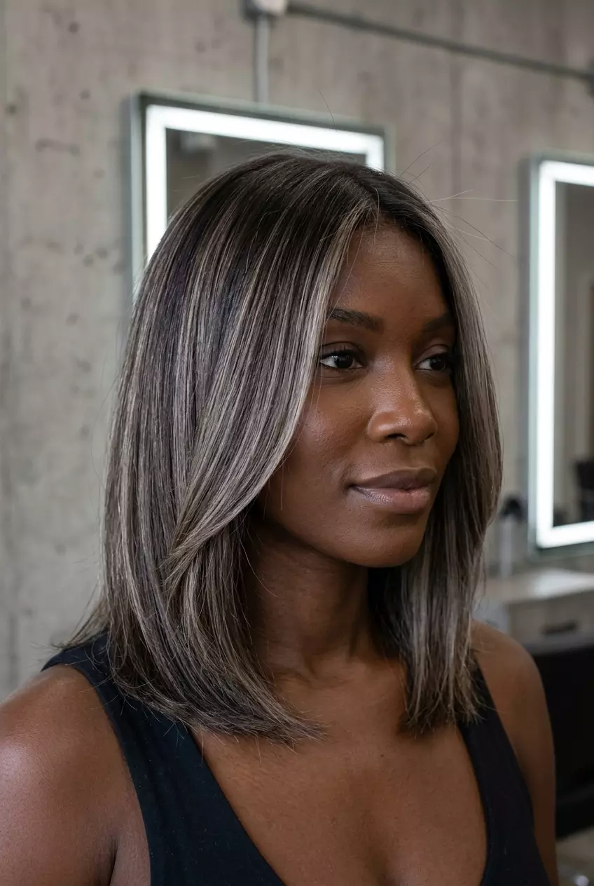long cool brunette with ash-blonde babylights, subtle dimension, face-framing &mdash; sophisticated