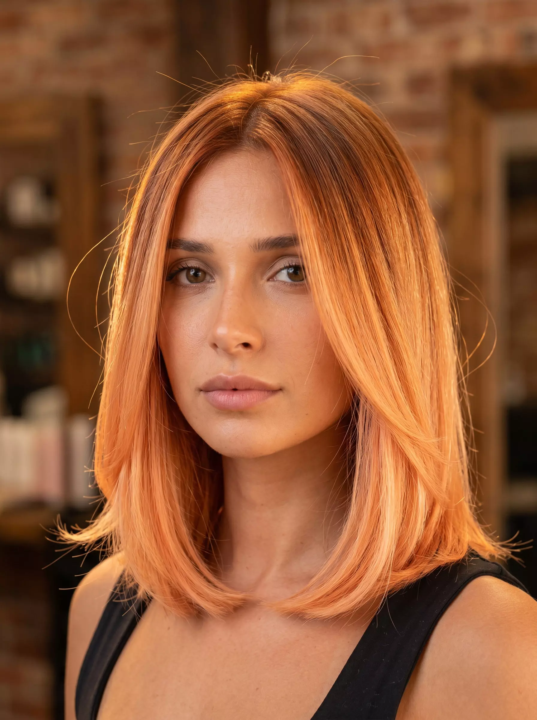 shoulder-length bob haircut ombre with copper to apricot hues, blunt cut, internal layers &mdash; romantic and warm
